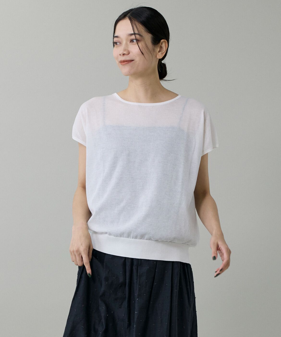 INED「《大きいサイズ》フレンチスリーブニット」|ニット・セーター|オフホワイト1