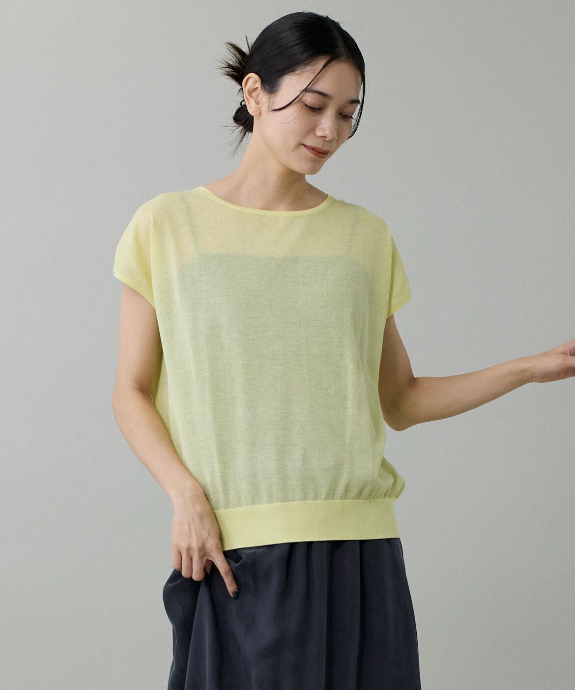 INED「《大きいサイズ》フレンチスリーブニット」|ニット・セーター|イエロー