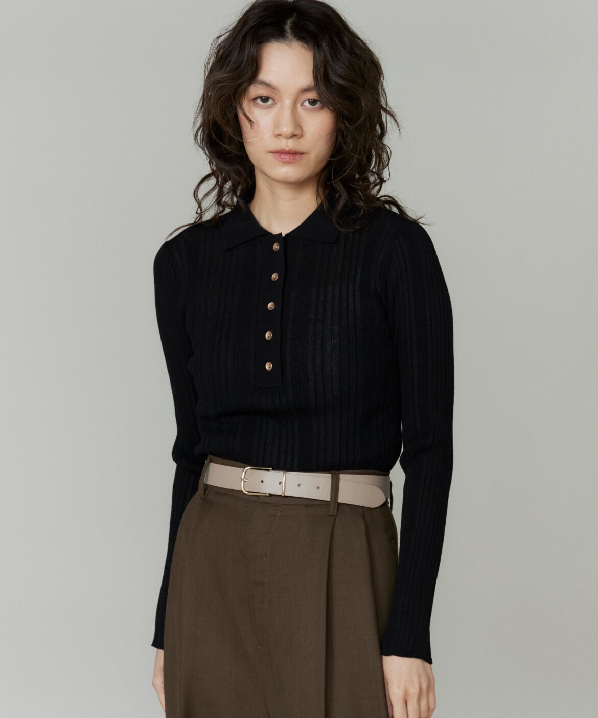 INED「シアーポロニットプルオーバー《YVON》」|ニット・セーター|ブラック