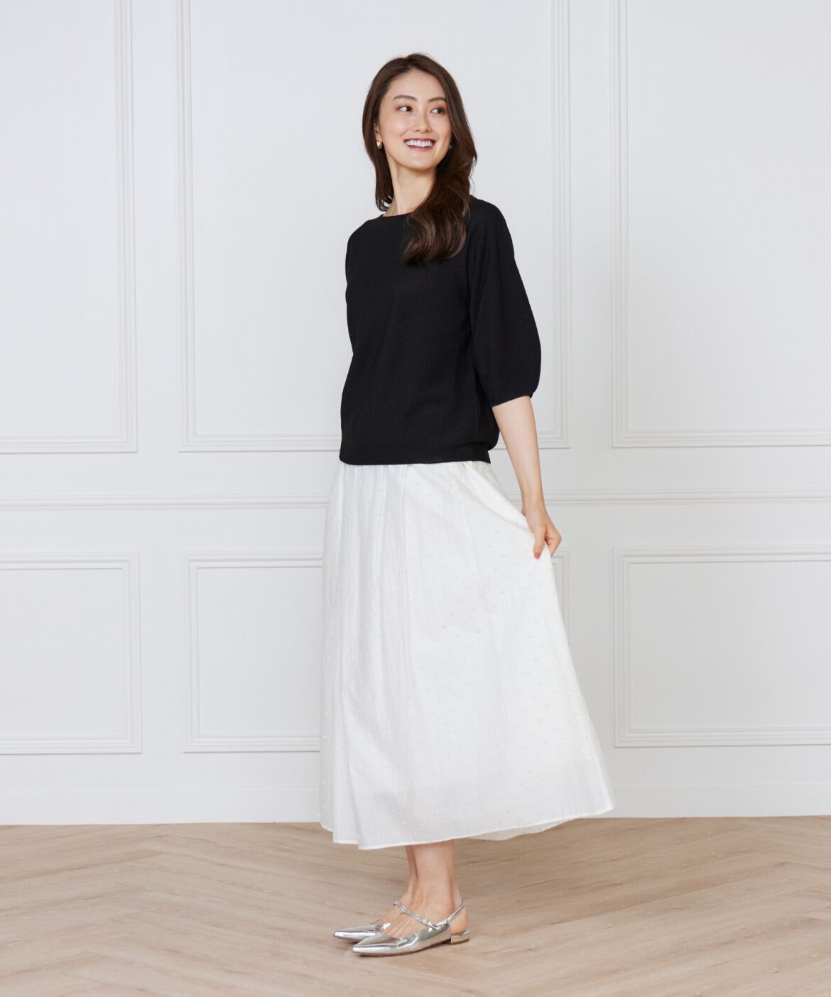 INED「《大きいサイズ》ボートネックパフスリーブニット《Cuoo》」|ニット・セーター|