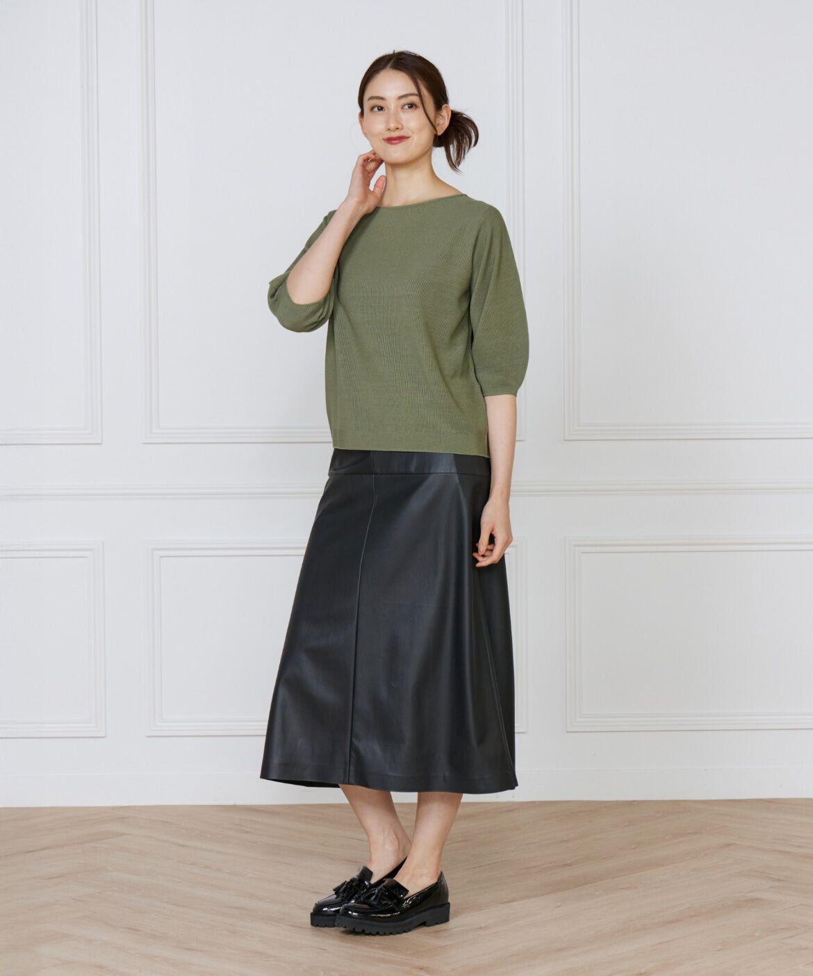 INED「《大きいサイズ》ボートネックパフスリーブニット《Cuoo》」|ニット・セーター|