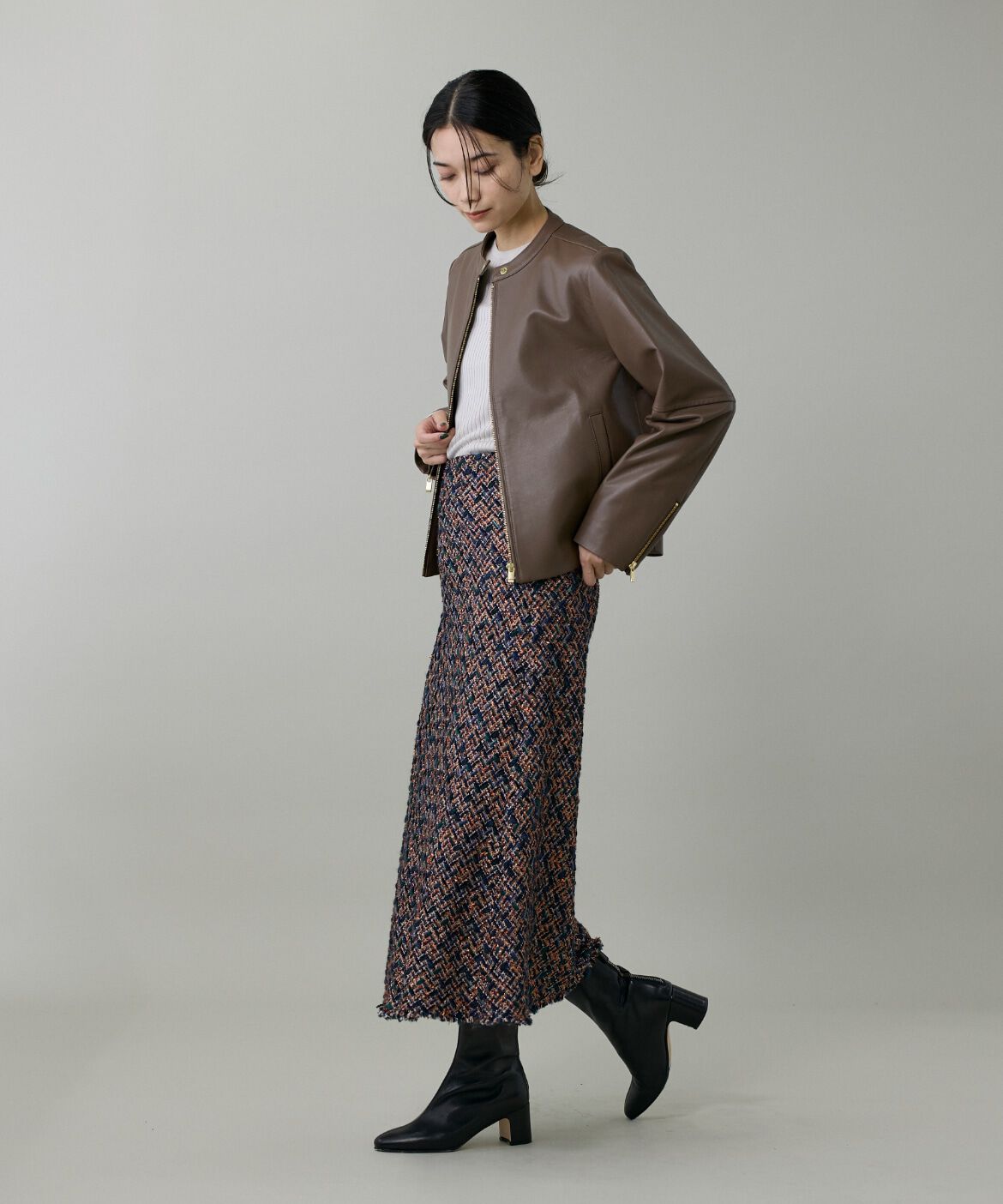 INED「ラムレザー ジップアップブルゾン」|ライダースジャケット|