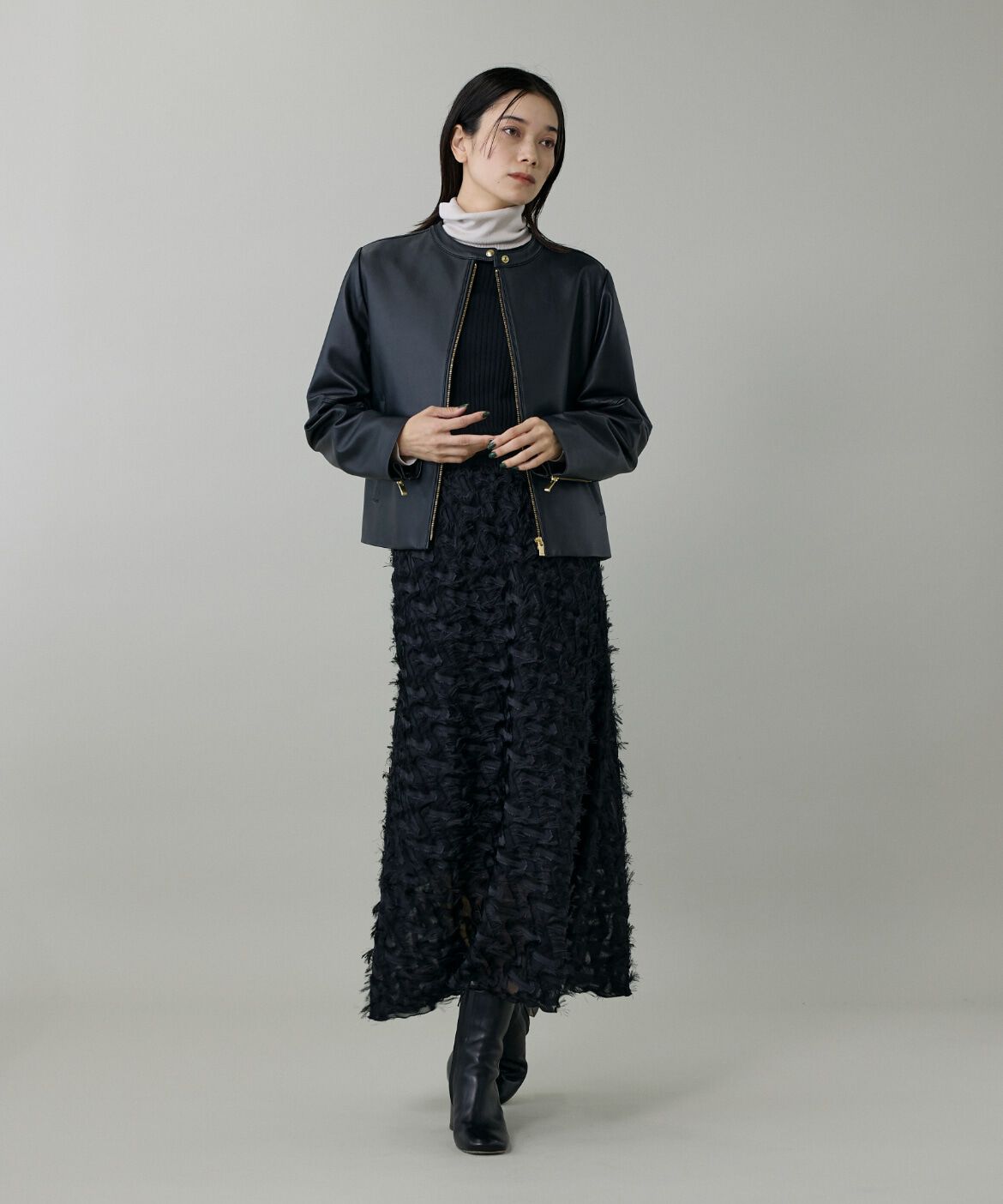 INED「ラムレザー ジップアップブルゾン」|ライダースジャケット|