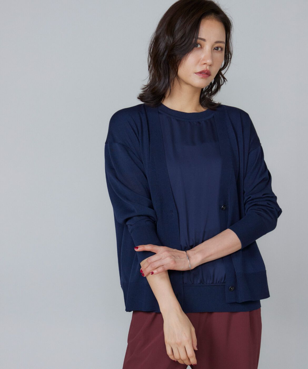 Le Souk「シルキーライクVネックニットカーディガン」|カーディガン|ネイビー