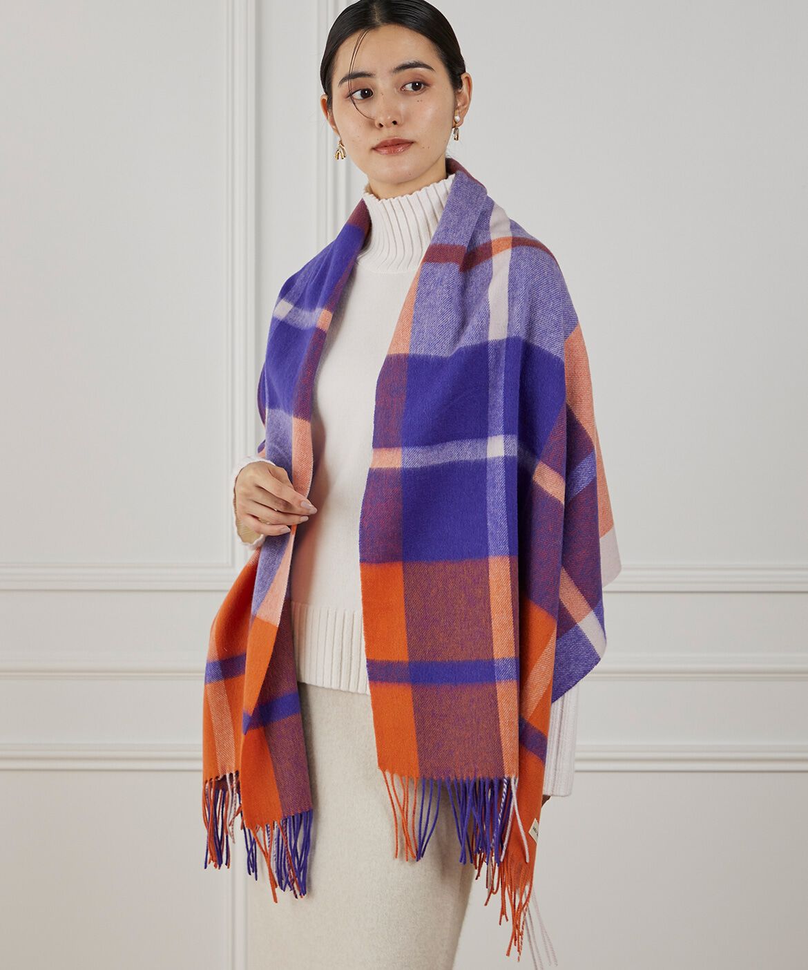 INED「チェック柄ウール100%ストール」|ストール|オレンジ1