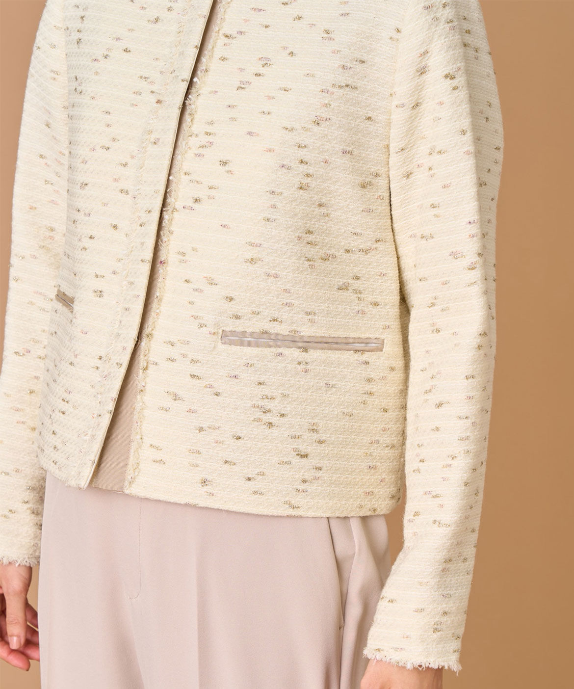 INED「ノーカラーツイードジャケット《LINTON》」|ノーカラージャケット|