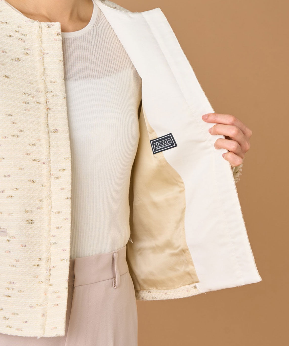 INED「ノーカラーツイードジャケット《LINTON》」|ノーカラージャケット|