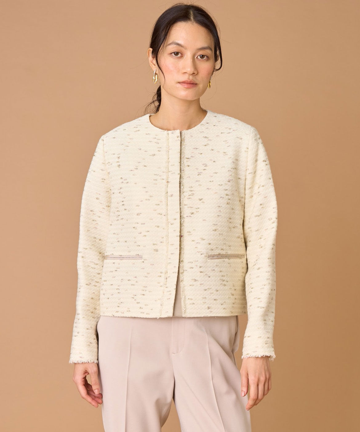 INED「ノーカラーツイードジャケット《LINTON》」|ノーカラージャケット|