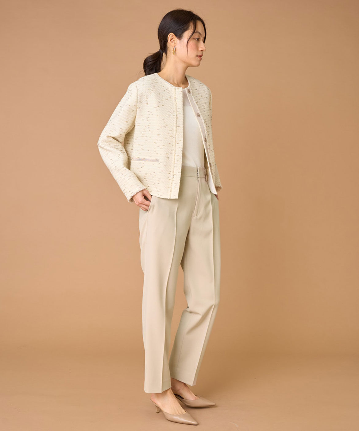 INED「ノーカラーツイードジャケット《LINTON》」|ノーカラージャケット|