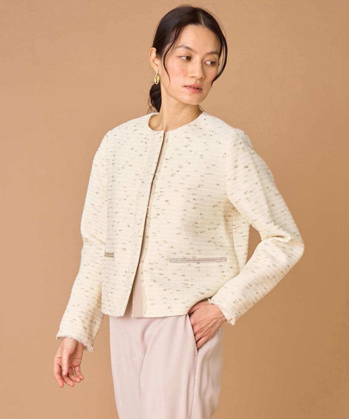 INED「ノーカラーツイードジャケット《LINTON》」|ノーカラージャケット|