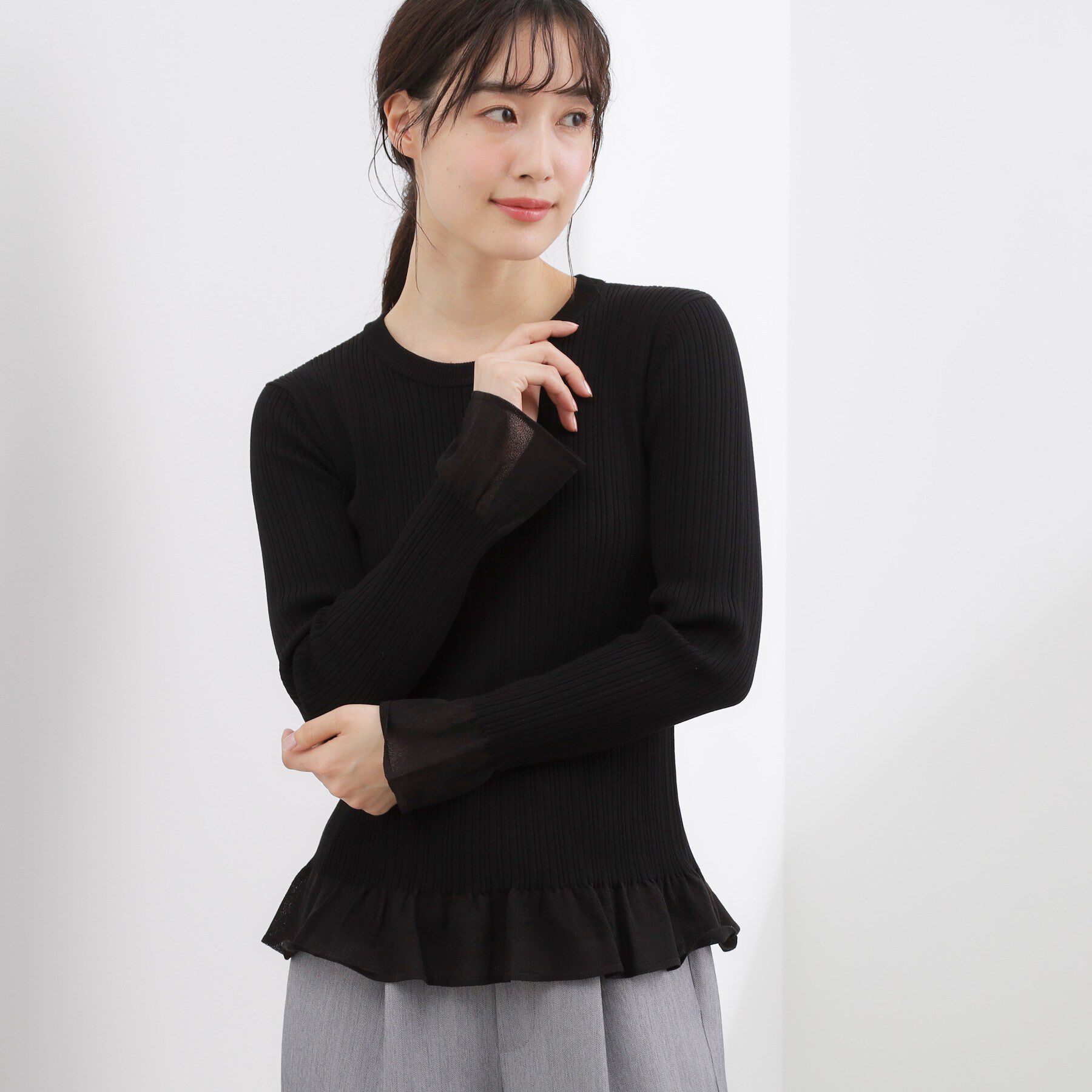 grove「シアーフリルリブニットプルオーバー」|ニット・セーター|ブラック(019)
