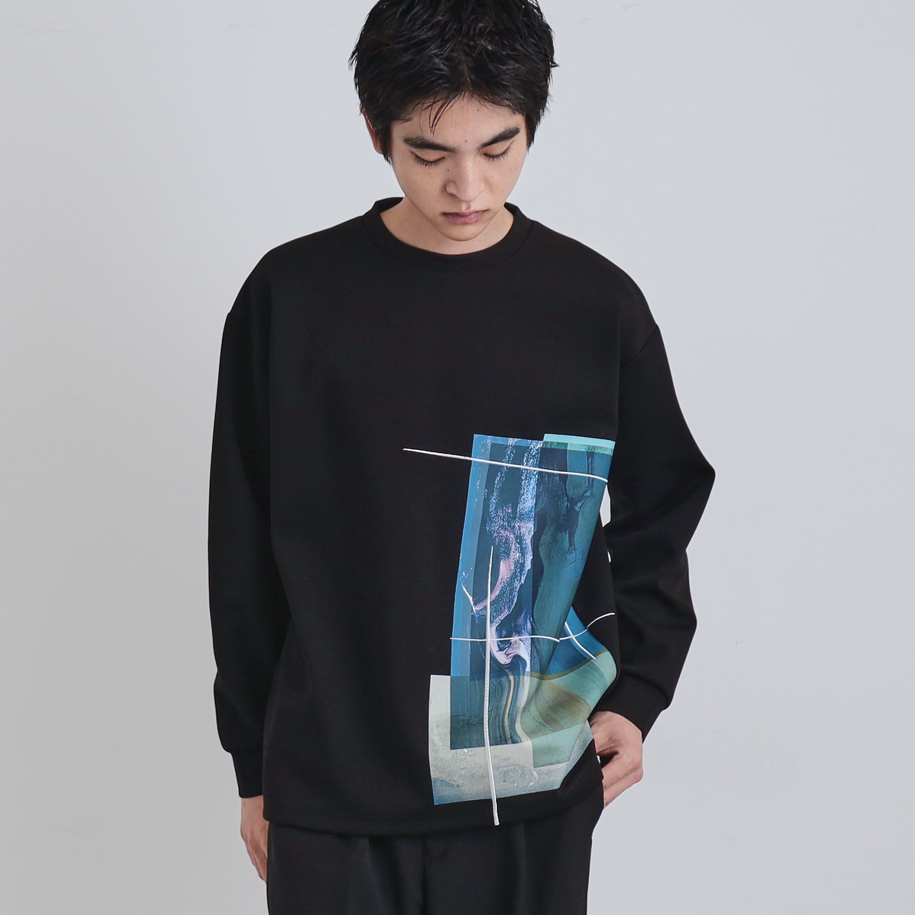 tk.TAKEO KIKUCHI「長袖 サイドスタックプリントカットソー」|Tシャツ・カットソー|ブラック(019)