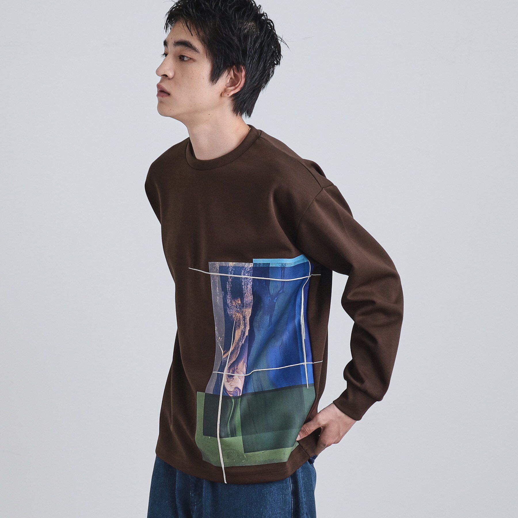 tk.TAKEO KIKUCHI「長袖 サイドスタックプリントカットソー」|Tシャツ・カットソー|ブラウン(044)