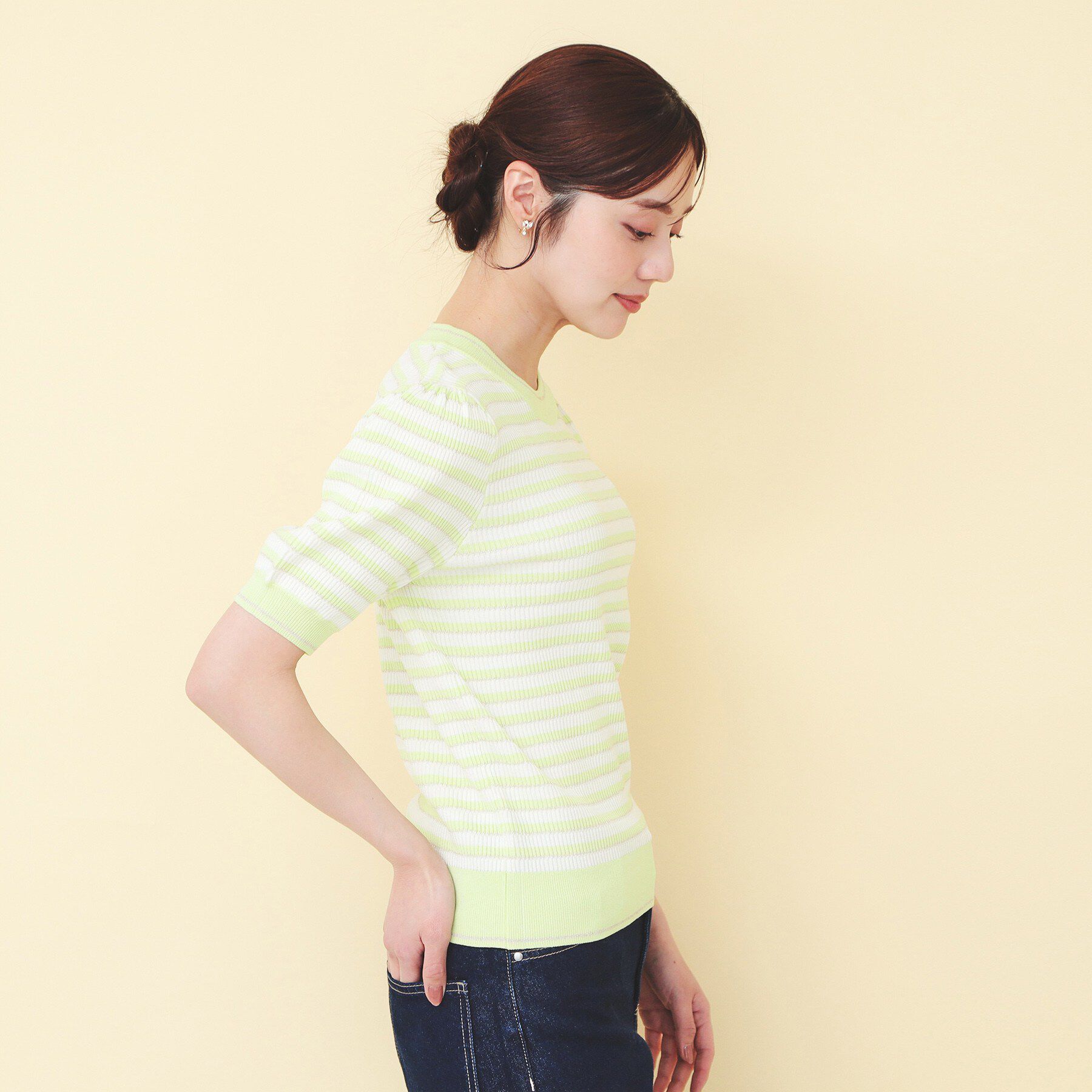 index「変わり編みボーダー半袖ニット【洗濯機OK/坑ピル】」|ニット・セーター|
