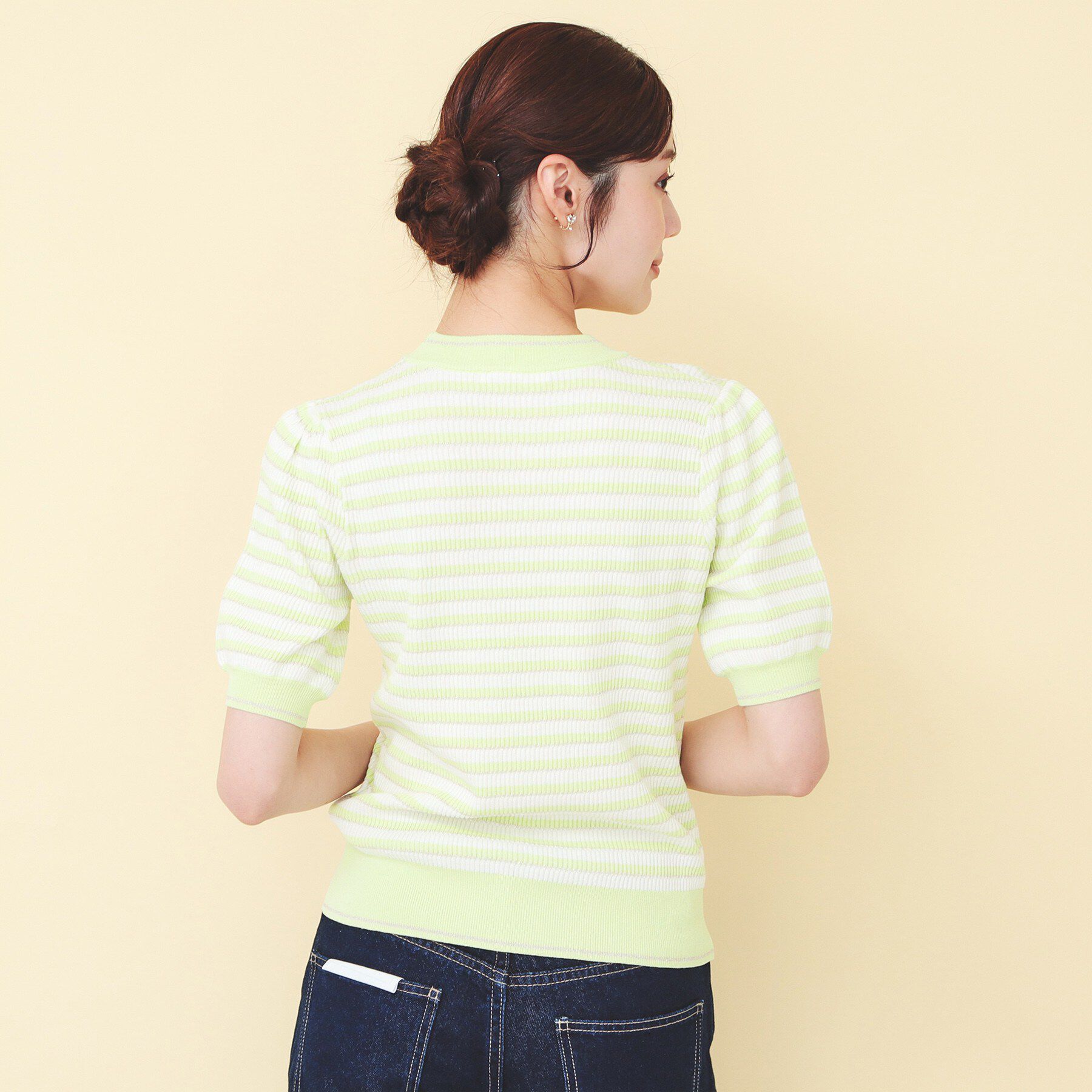 index「変わり編みボーダー半袖ニット【洗濯機OK/坑ピル】」|ニット・セーター|