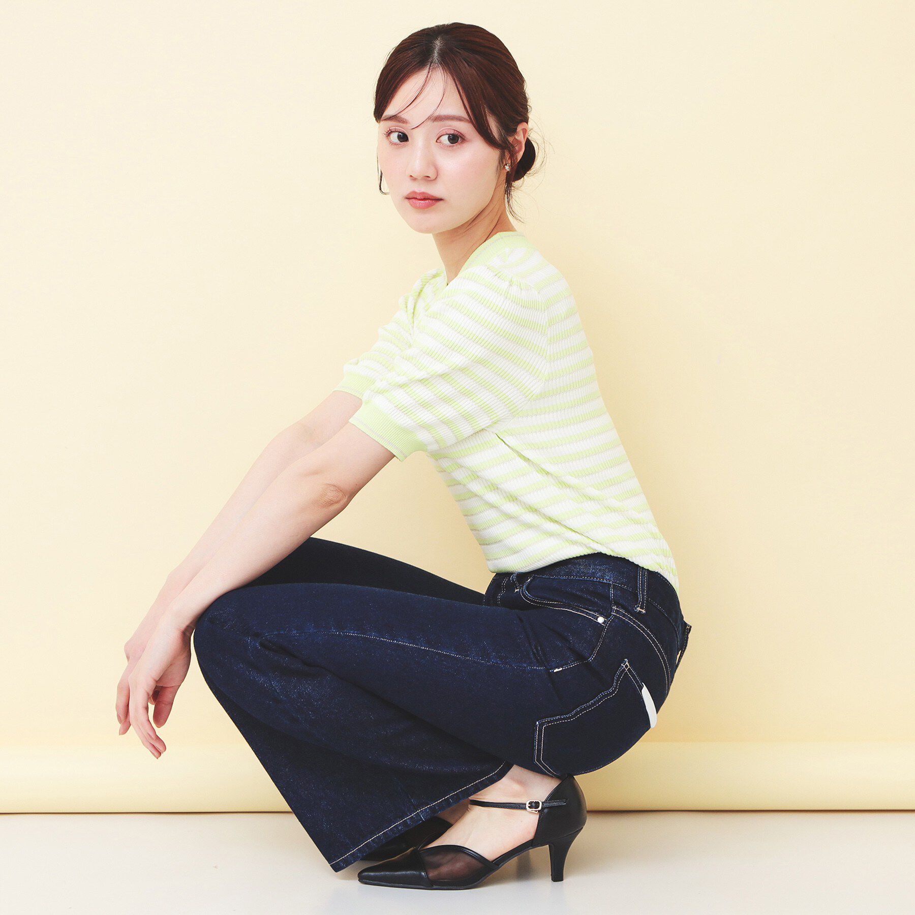 index「変わり編みボーダー半袖ニット【洗濯機OK/坑ピル】」|ニット・セーター|