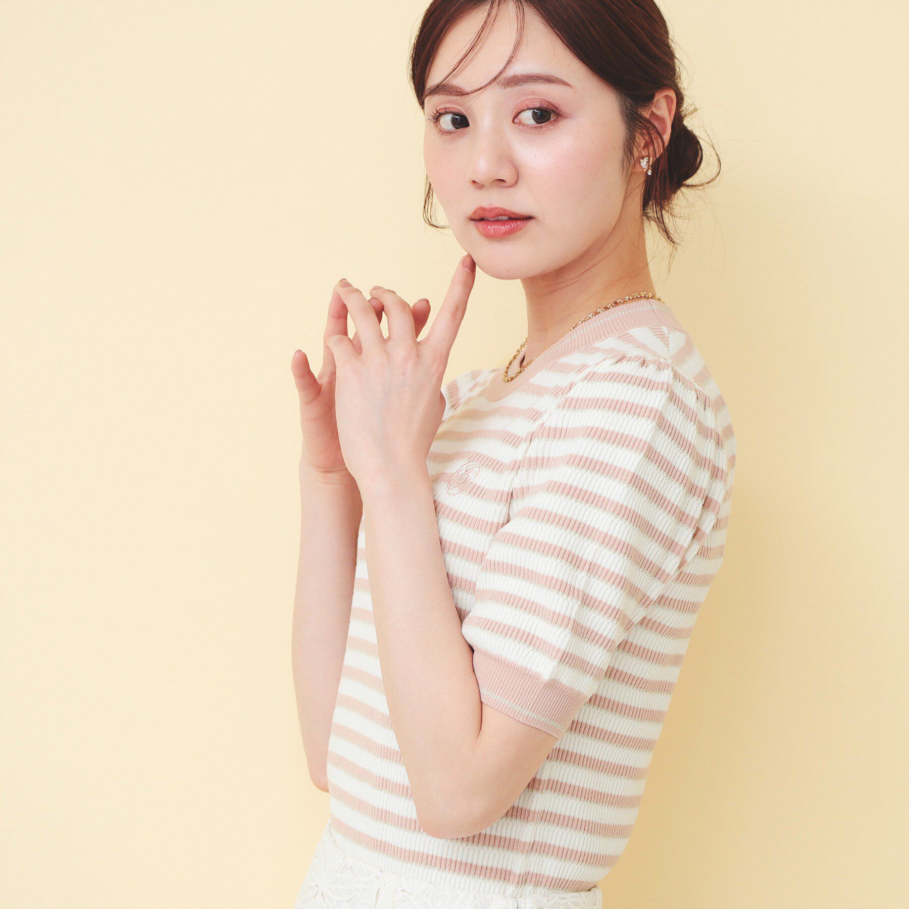 index「変わり編みボーダー半袖ニット【洗濯機OK/坑ピル】」|ニット・セーター|