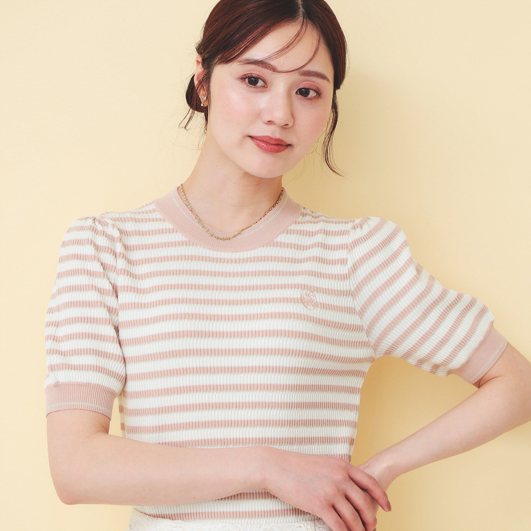 index「変わり編みボーダー半袖ニット【洗濯機OK/坑ピル】」|ニット・セーター|グレージュ(350)