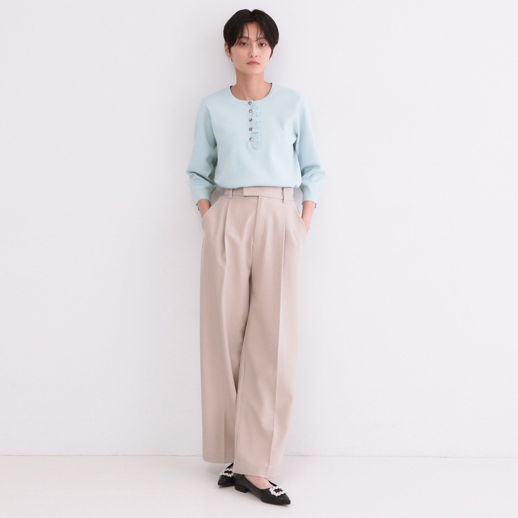 OPAQUE.CLIP「フリルヘンリーネックニット【洗濯機OK/抗ピル】」|ニット・セーター|