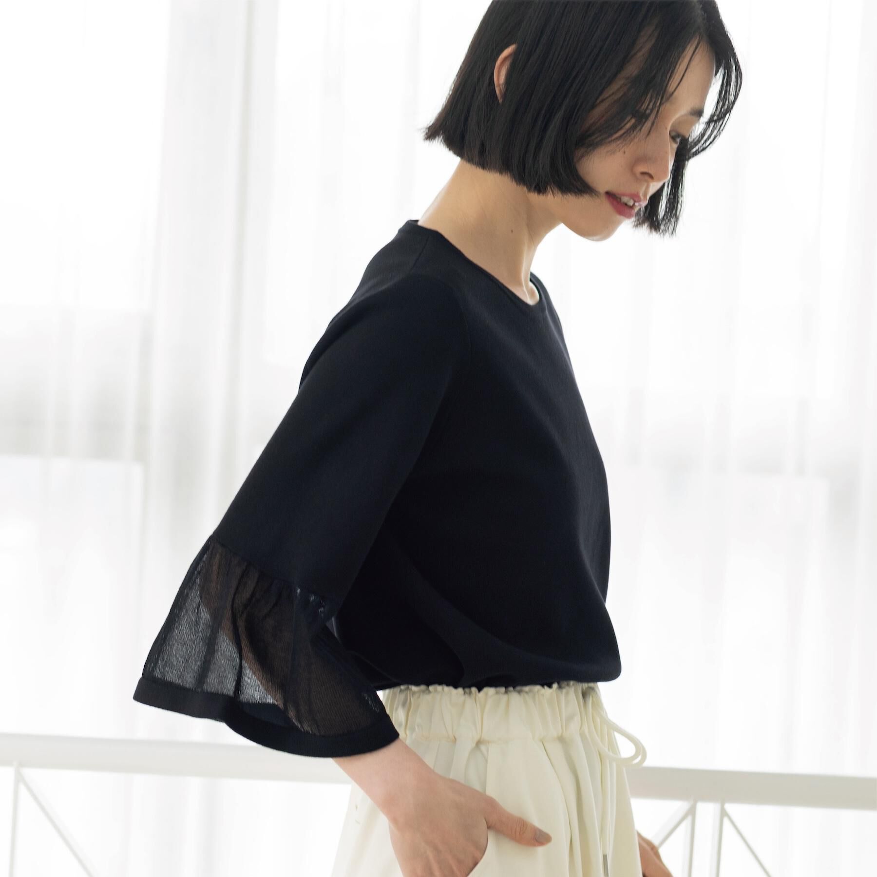 OPAQUE.CLIP「シアーフレアスリーブニット【洗濯機OK/抗ピル】」|ニット・セーター|ブラック(019)