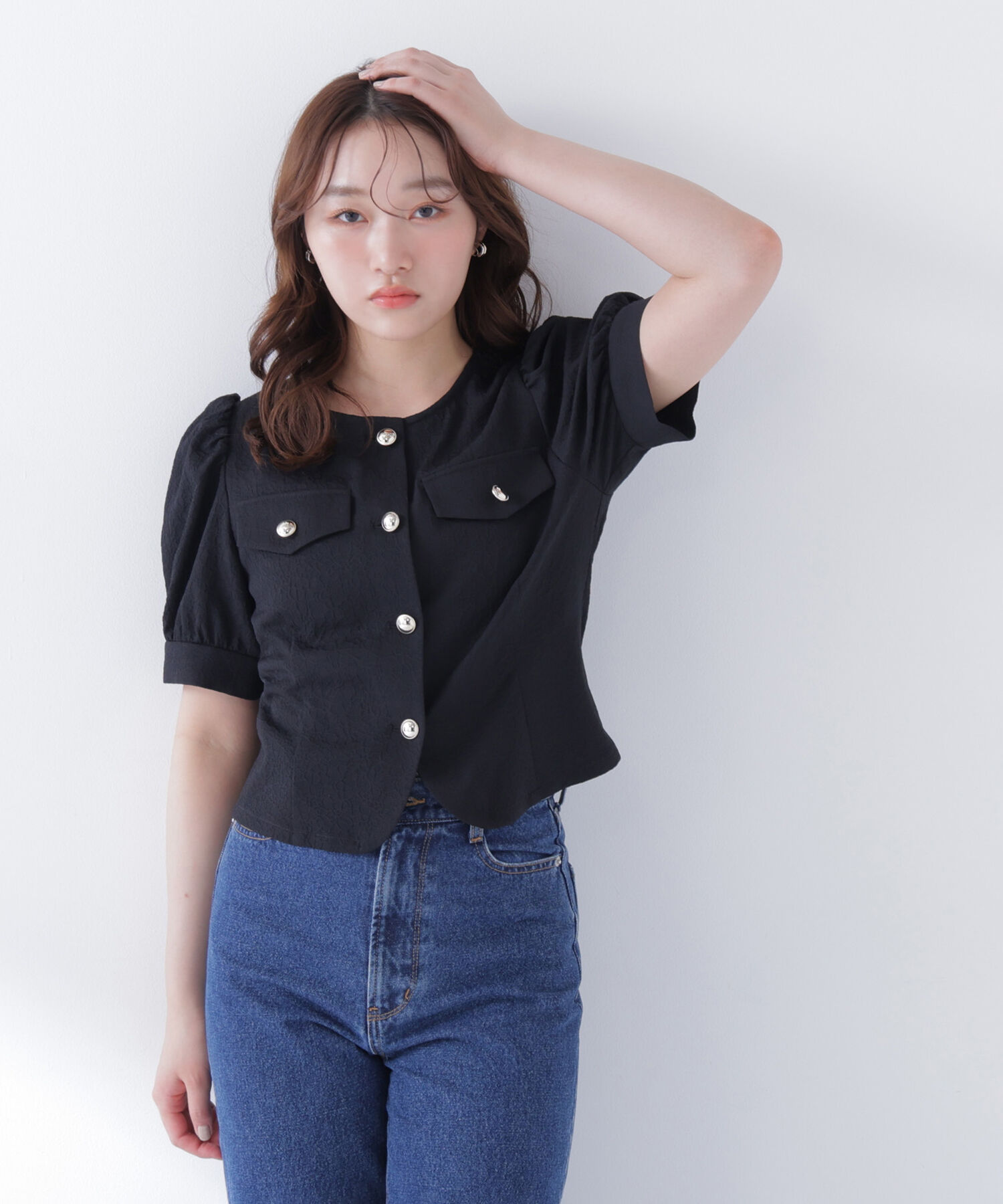  「ゴールドボタンジャガードブラウス」|シャツ・ブラウス|