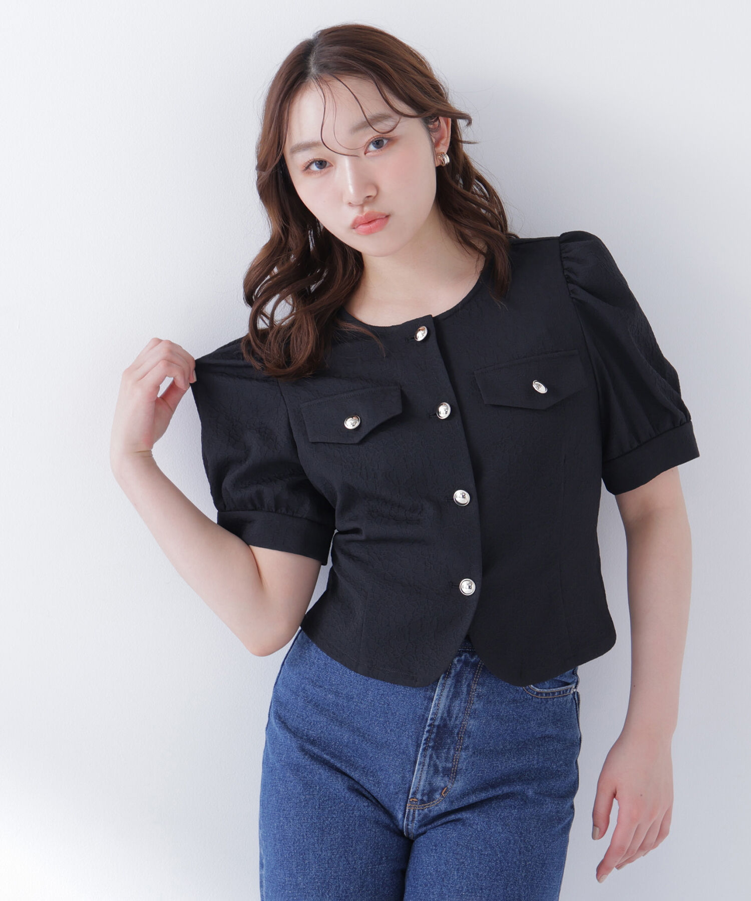  「ゴールドボタンジャガードブラウス」|シャツ・ブラウス|