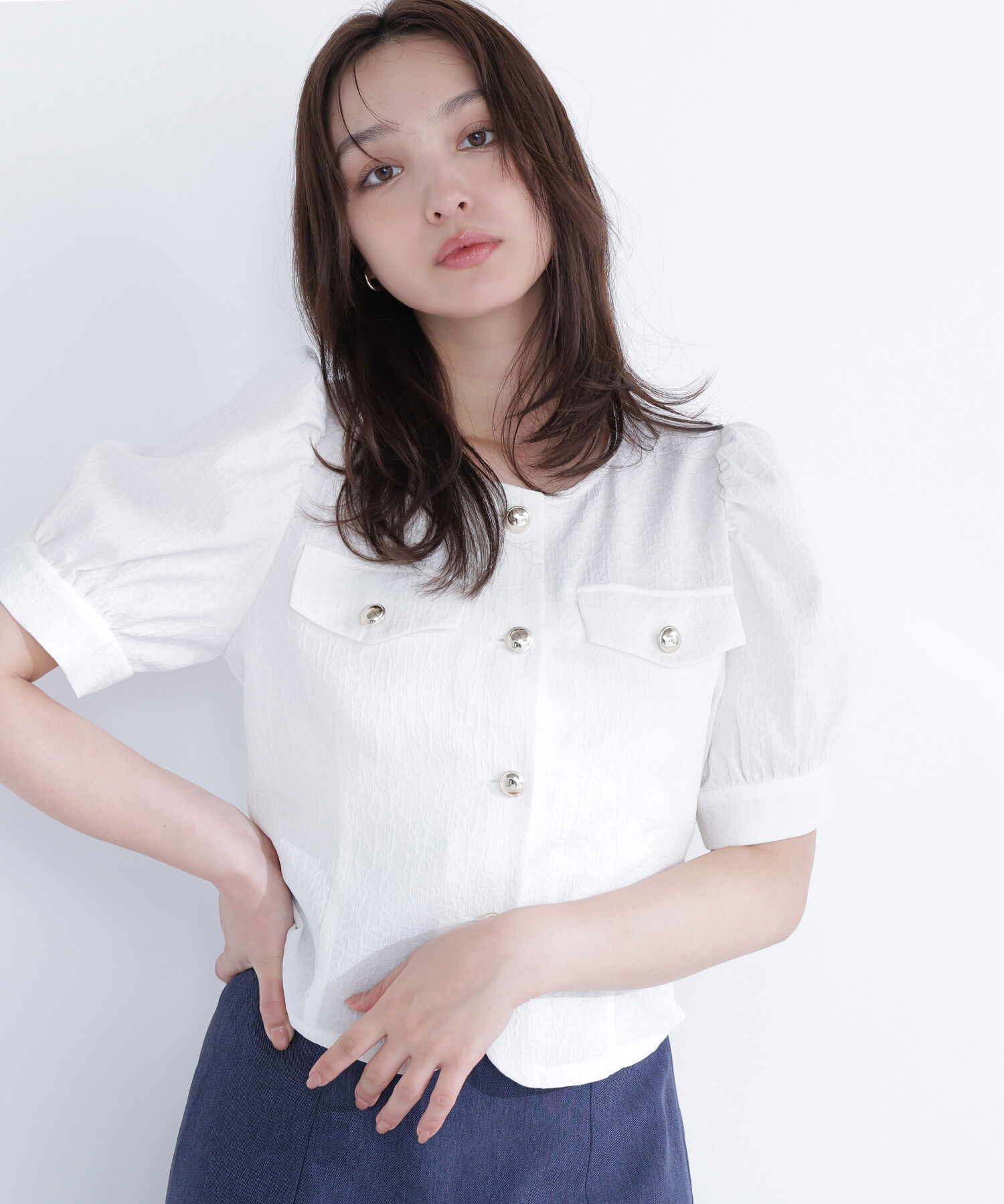  「ゴールドボタンジャガードブラウス」|シャツ・ブラウス|