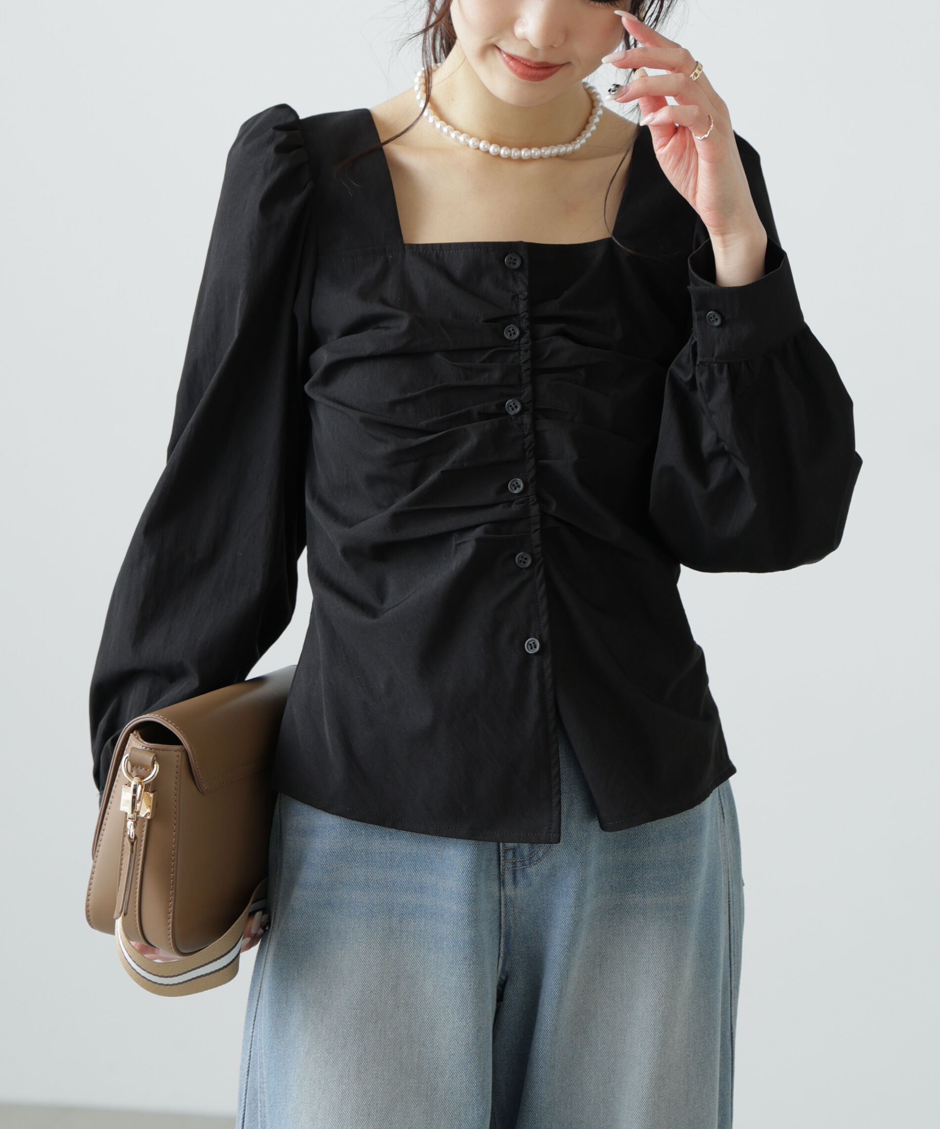 「フロントギャザースクエアネックブラウス」|シャツ・ブラウス|