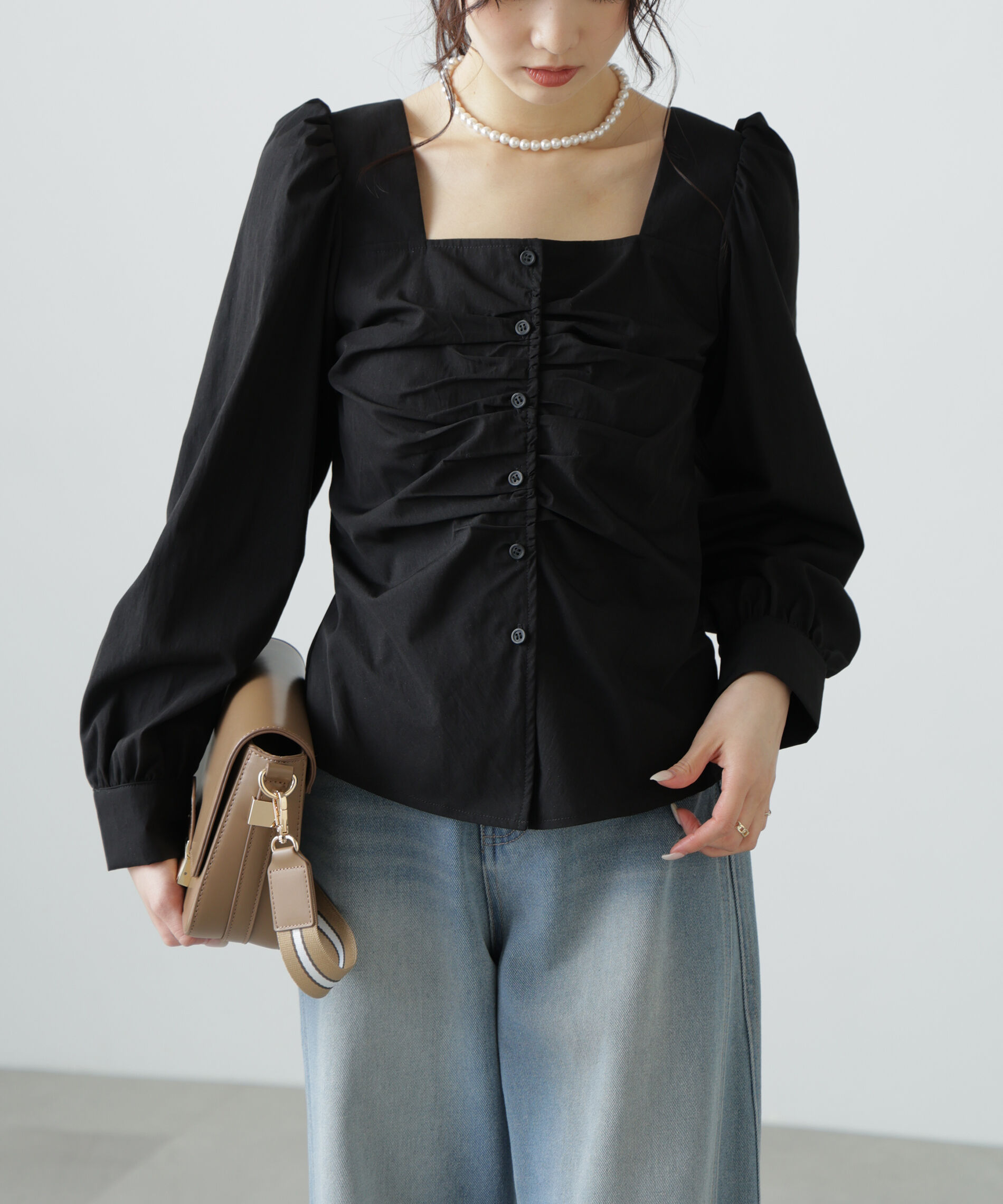  「フロントギャザースクエアネックブラウス」|シャツ・ブラウス|