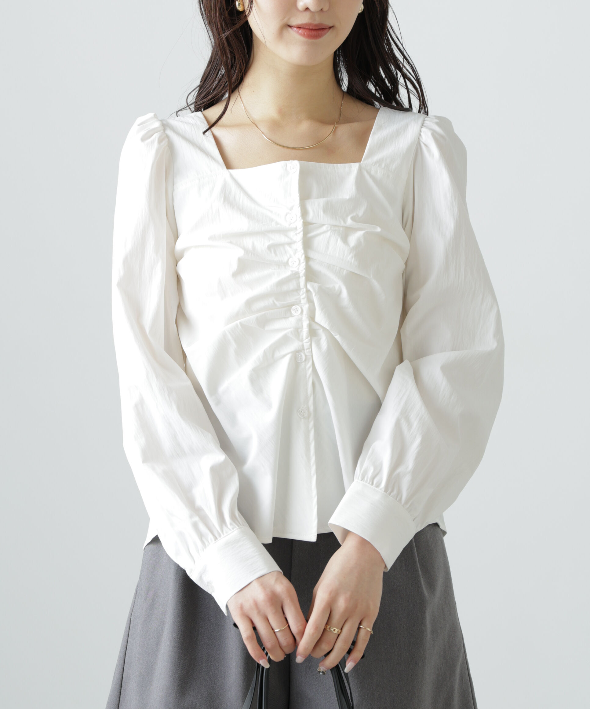  「フロントギャザースクエアネックブラウス」|シャツ・ブラウス|