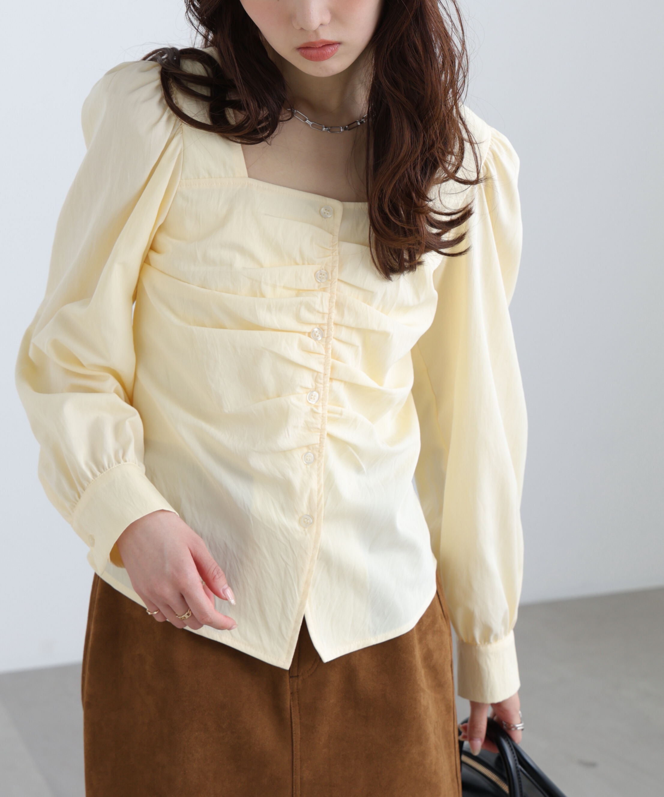  「フロントギャザースクエアネックブラウス」|シャツ・ブラウス|イエロー