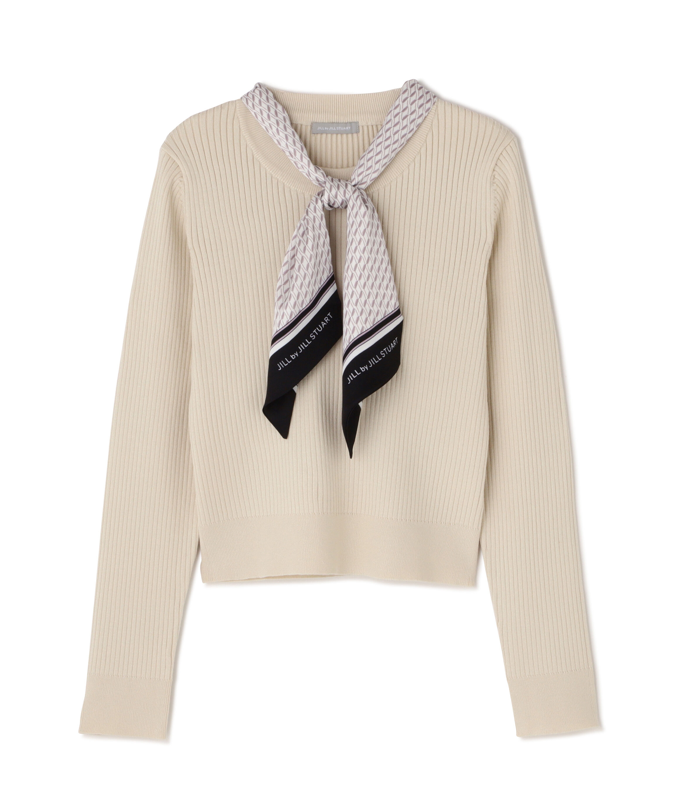  「幾何チェック柄スカーフ付きリブニット」|ニット・セーター|