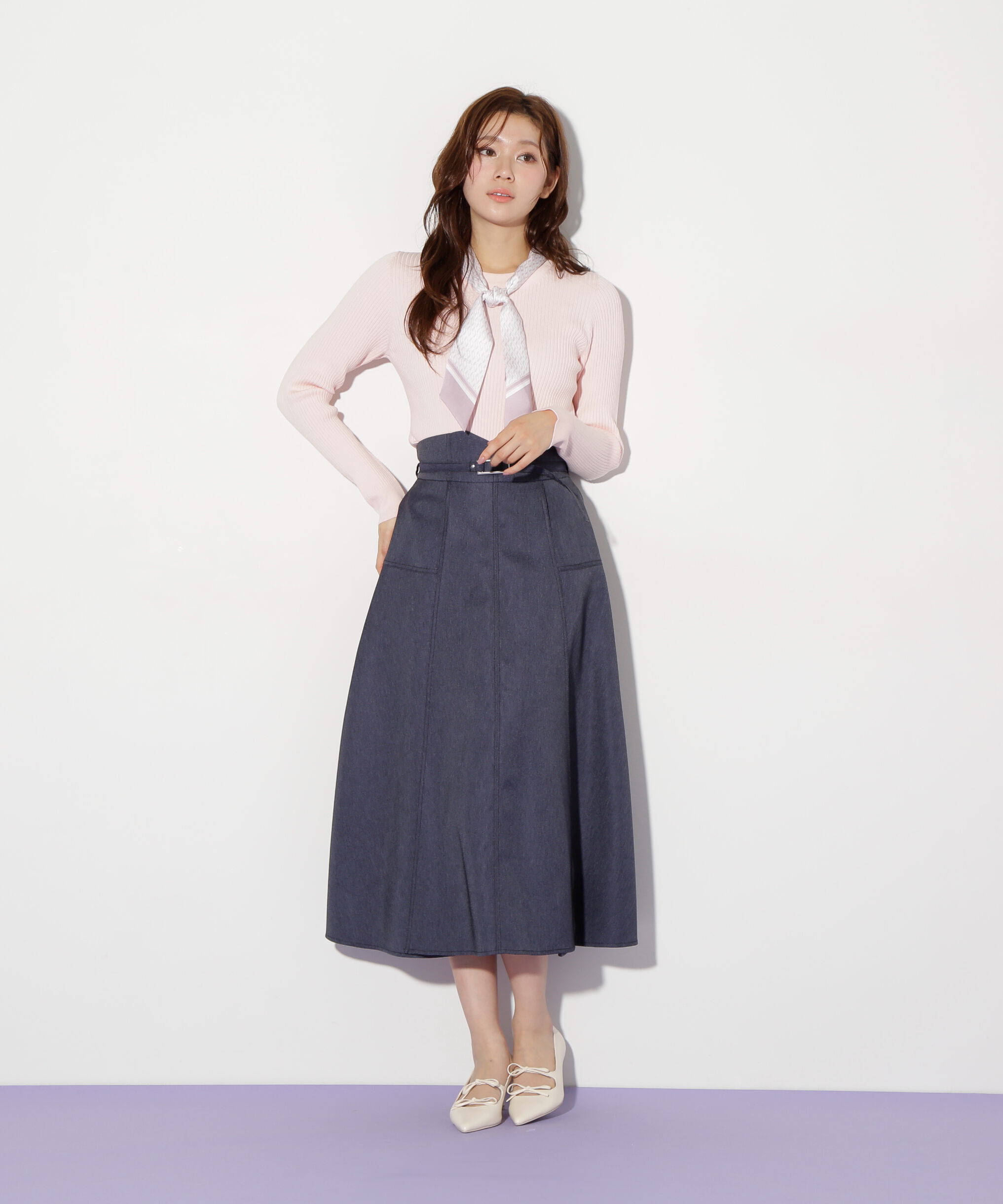  「幾何チェック柄スカーフ付きリブニット」|ニット・セーター|