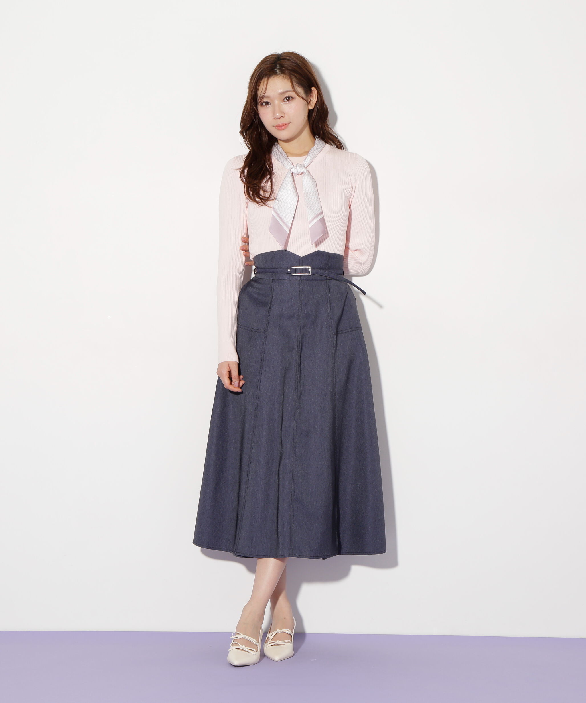  「幾何チェック柄スカーフ付きリブニット」|ニット・セーター|