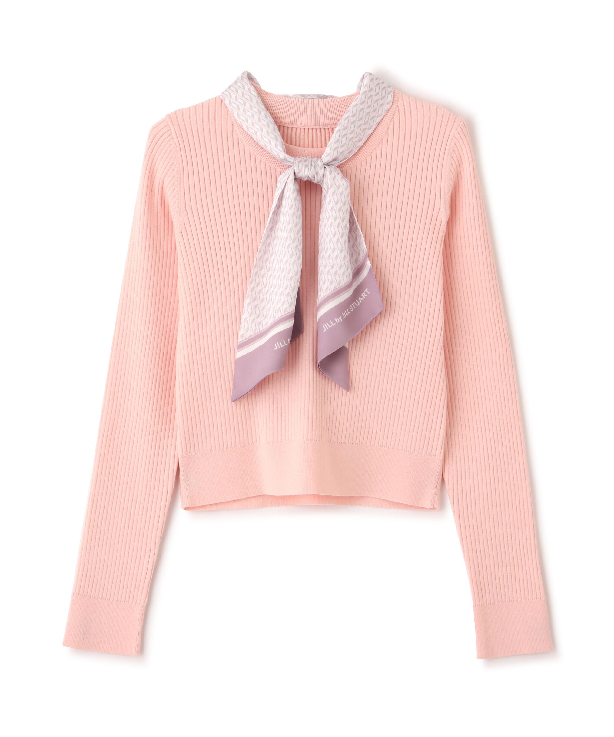  「幾何チェック柄スカーフ付きリブニット」|ニット・セーター|