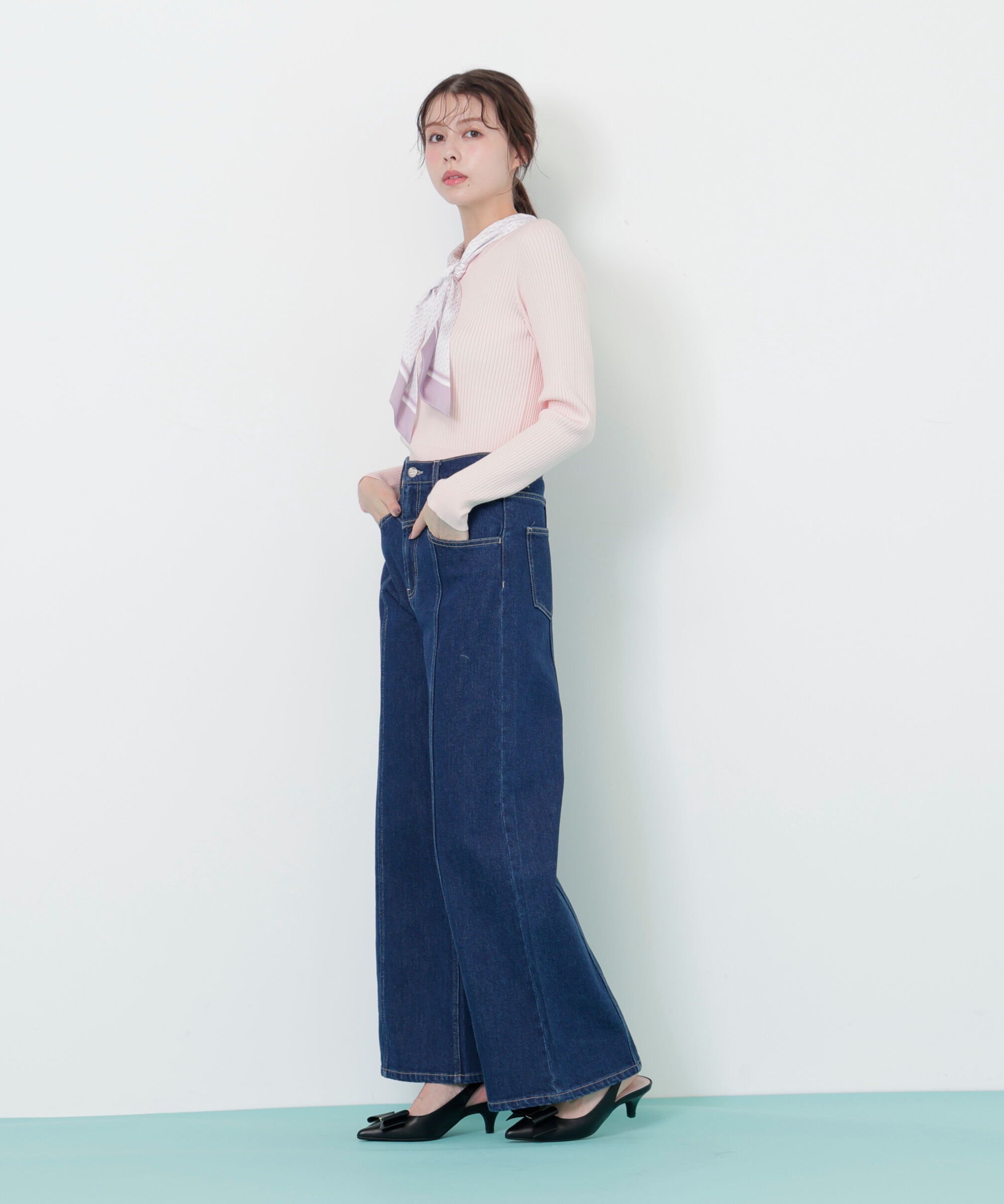  「幾何チェック柄スカーフ付きリブニット」|ニット・セーター|