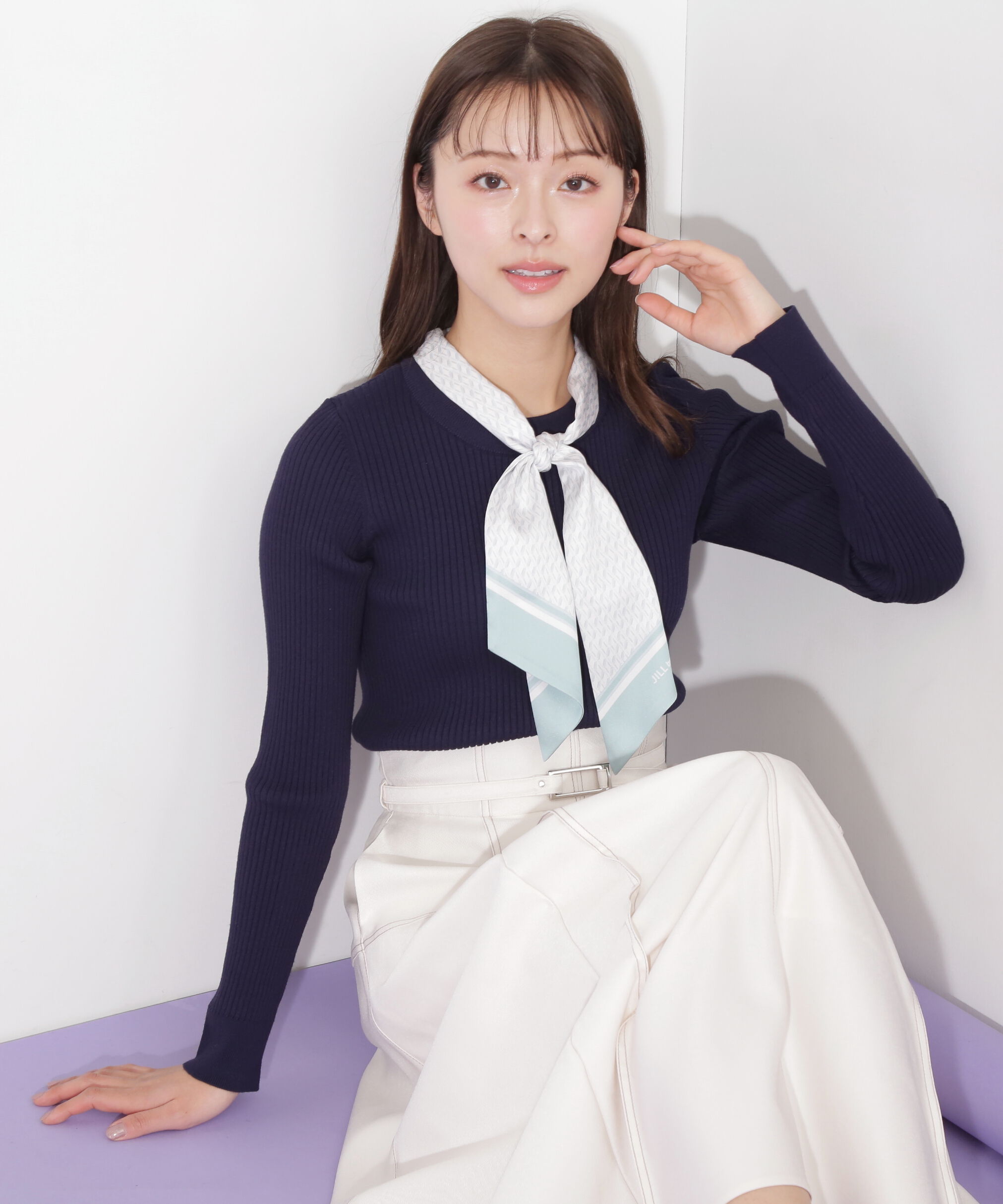  「幾何チェック柄スカーフ付きリブニット」|ニット・セーター|