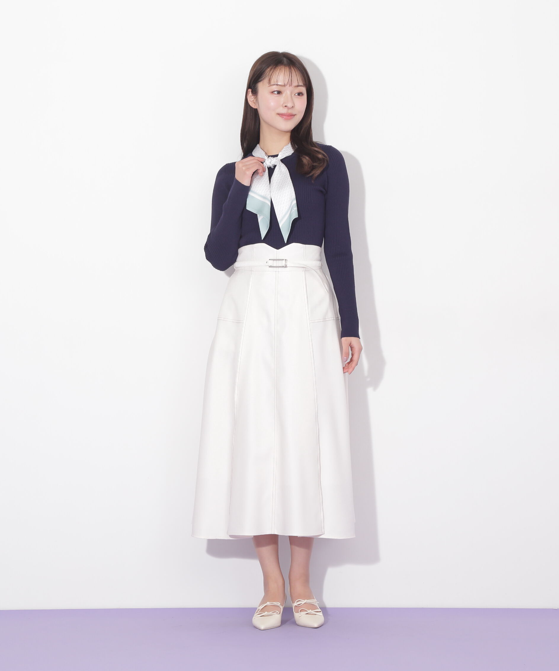  「幾何チェック柄スカーフ付きリブニット」|ニット・セーター|