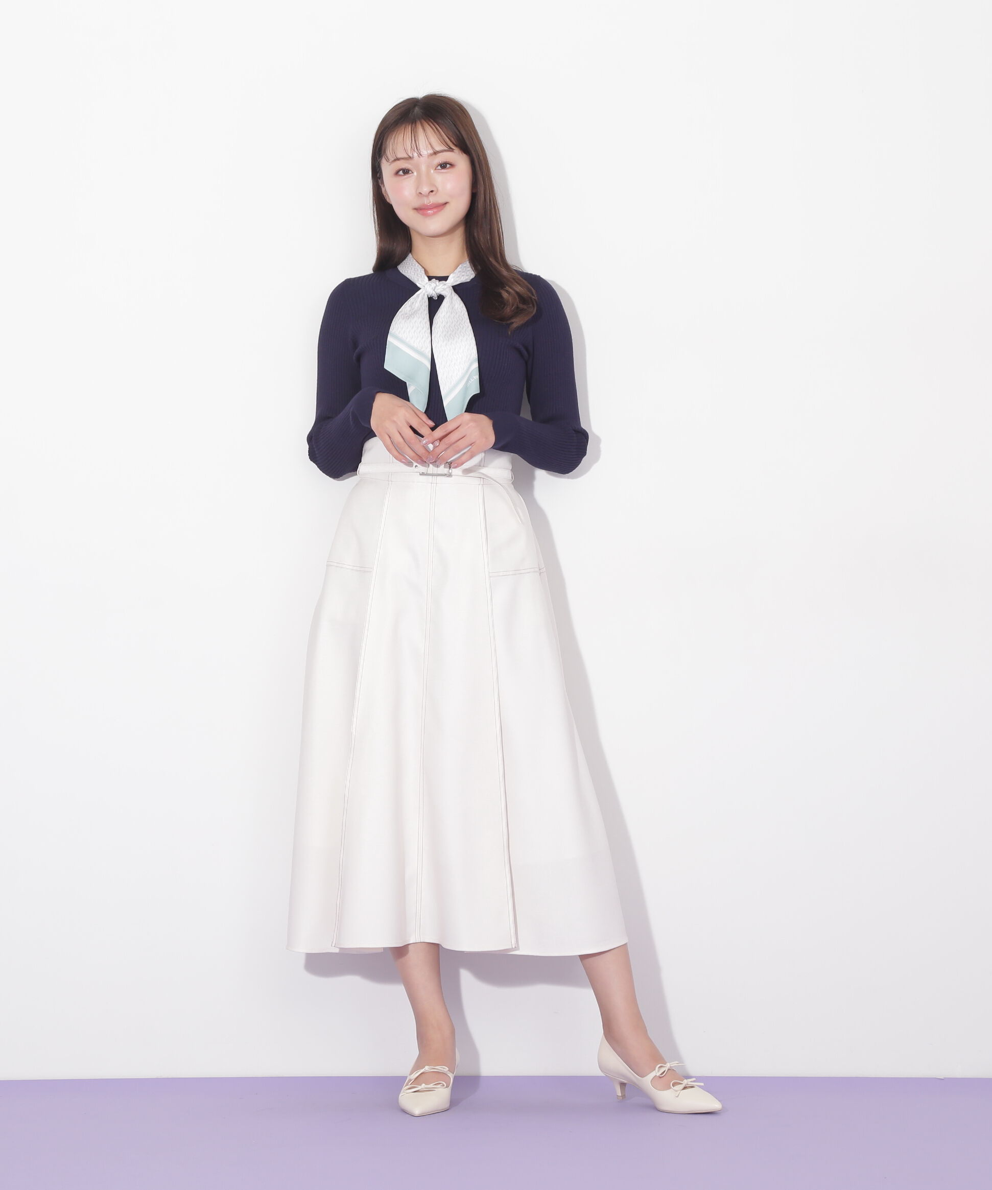  「幾何チェック柄スカーフ付きリブニット」|ニット・セーター|