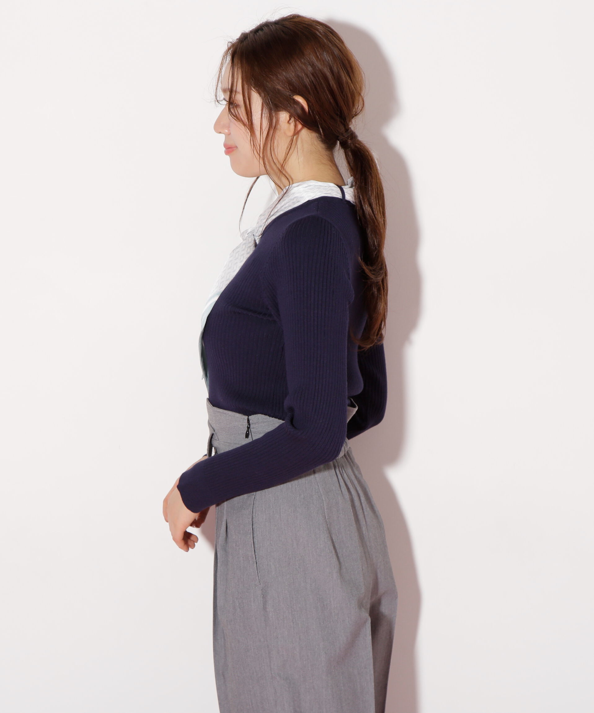  「幾何チェック柄スカーフ付きリブニット」|ニット・セーター|