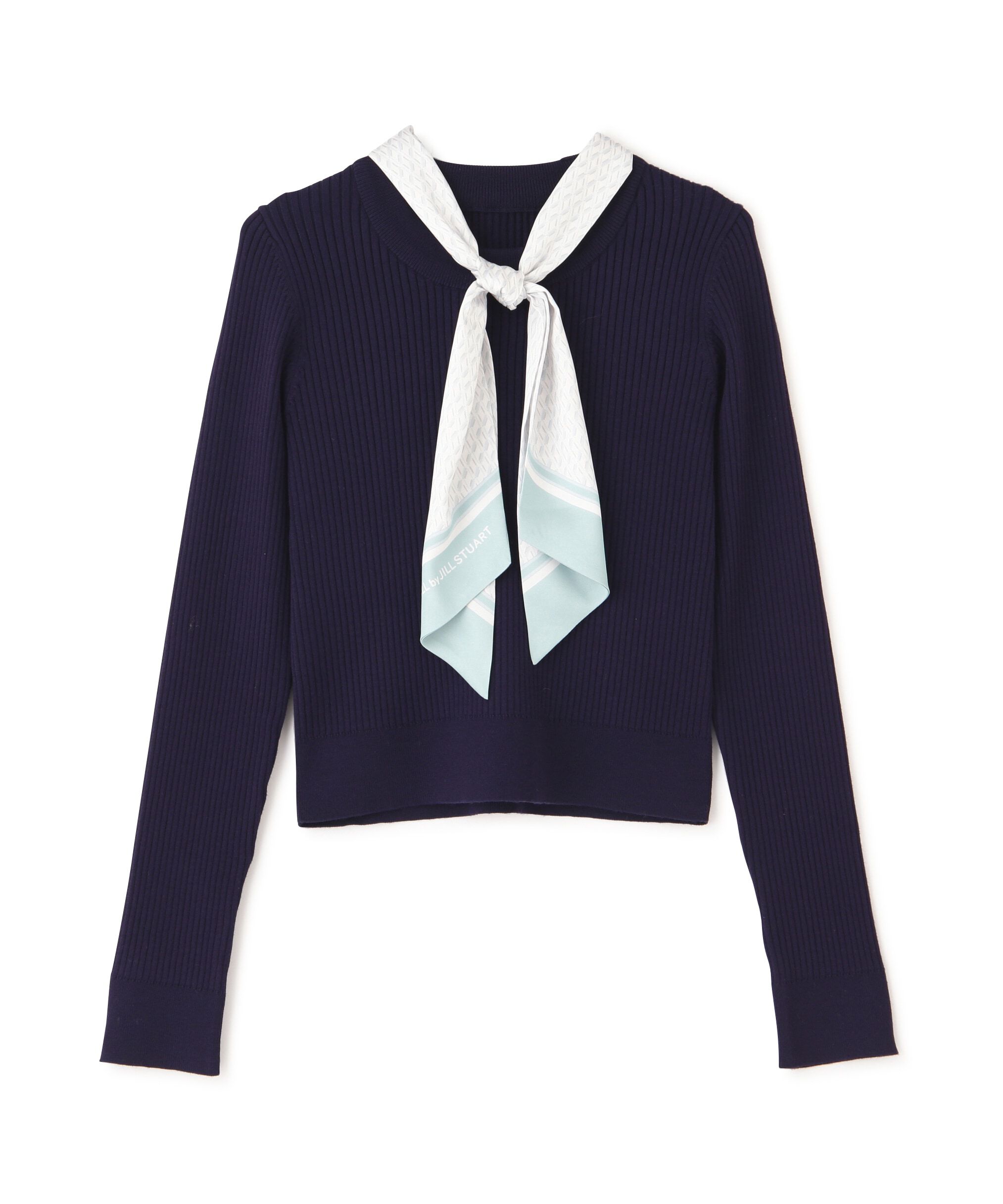  「幾何チェック柄スカーフ付きリブニット」|ニット・セーター|