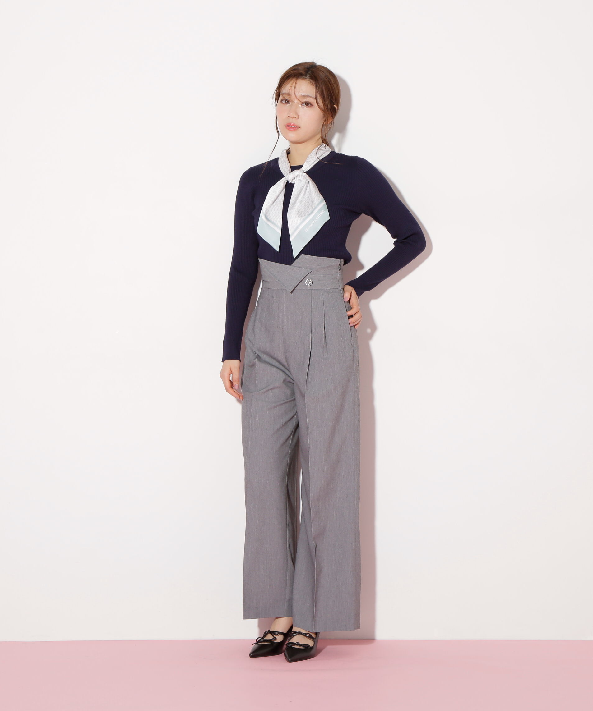  「幾何チェック柄スカーフ付きリブニット」|ニット・セーター|