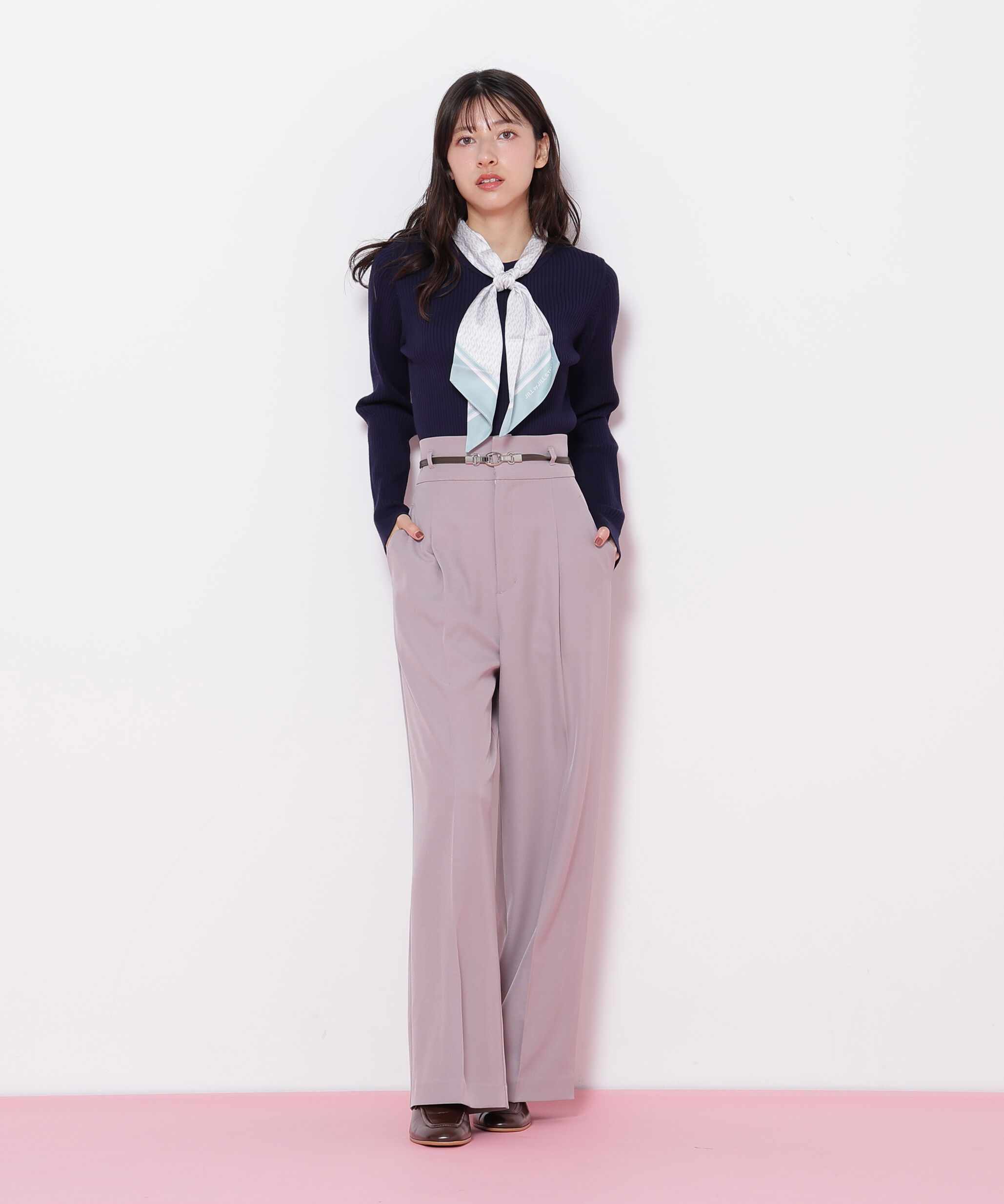  「幾何チェック柄スカーフ付きリブニット」|ニット・セーター|