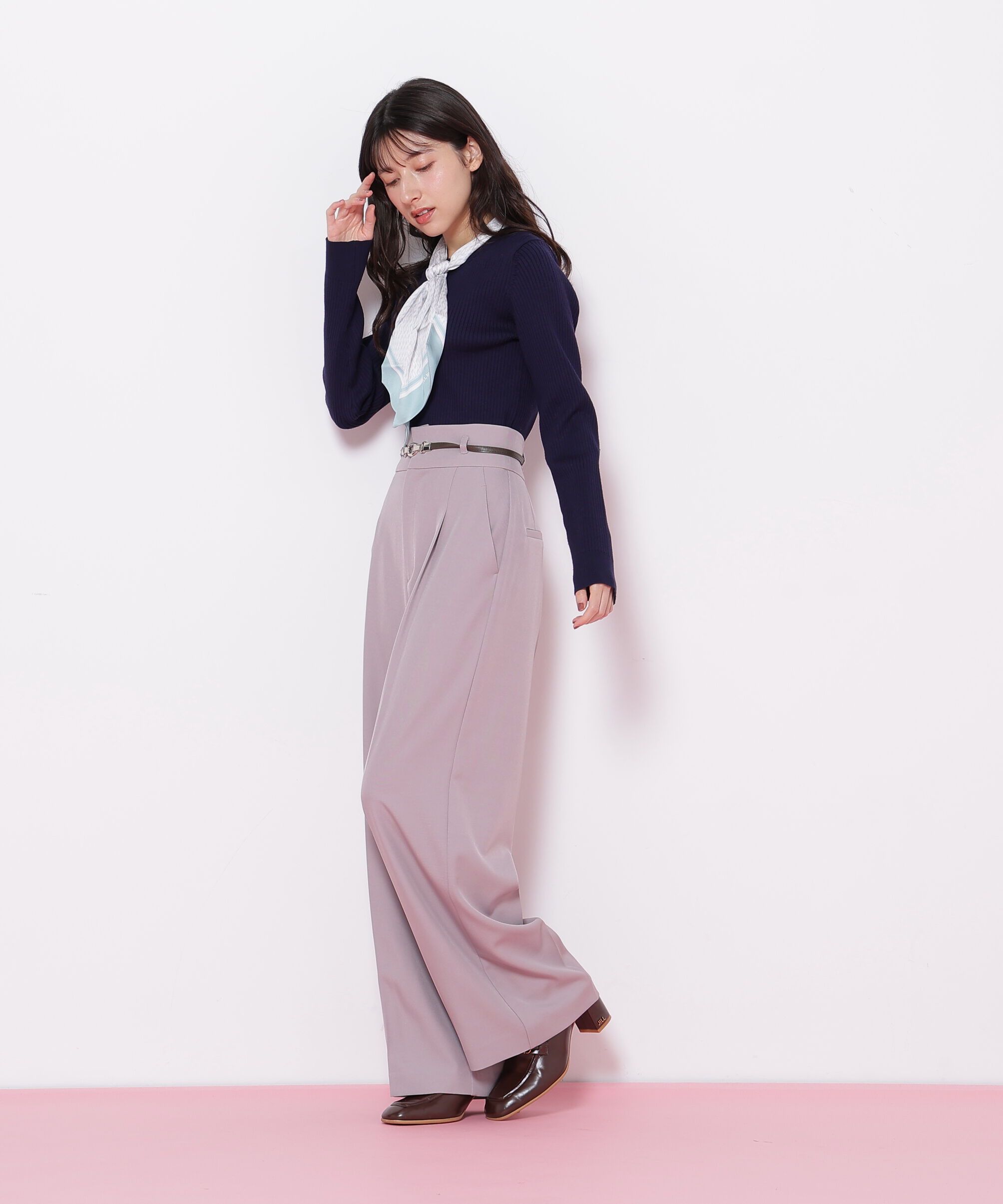  「幾何チェック柄スカーフ付きリブニット」|ニット・セーター|