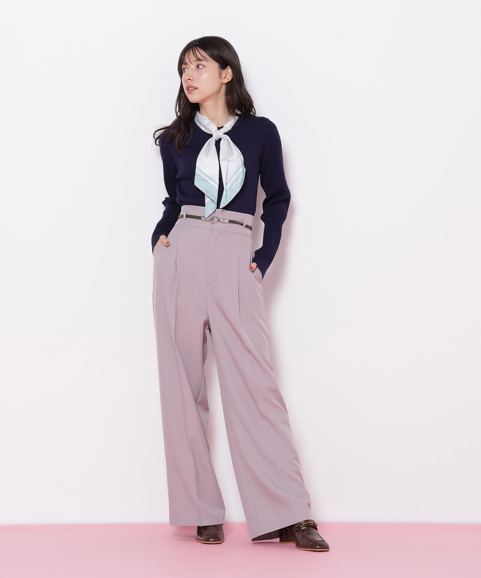  「幾何チェック柄スカーフ付きリブニット」|ニット・セーター|