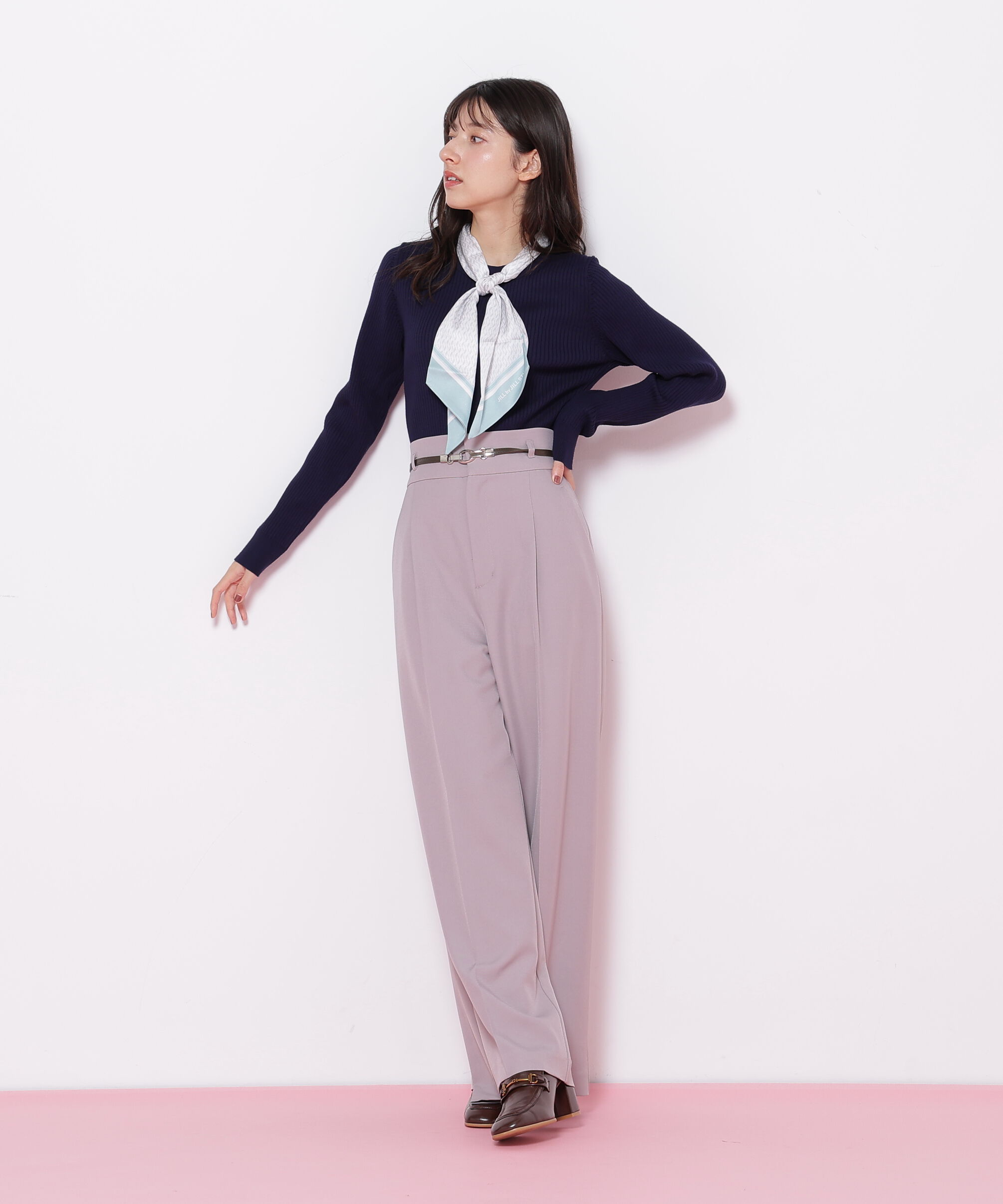  「幾何チェック柄スカーフ付きリブニット」|ニット・セーター|