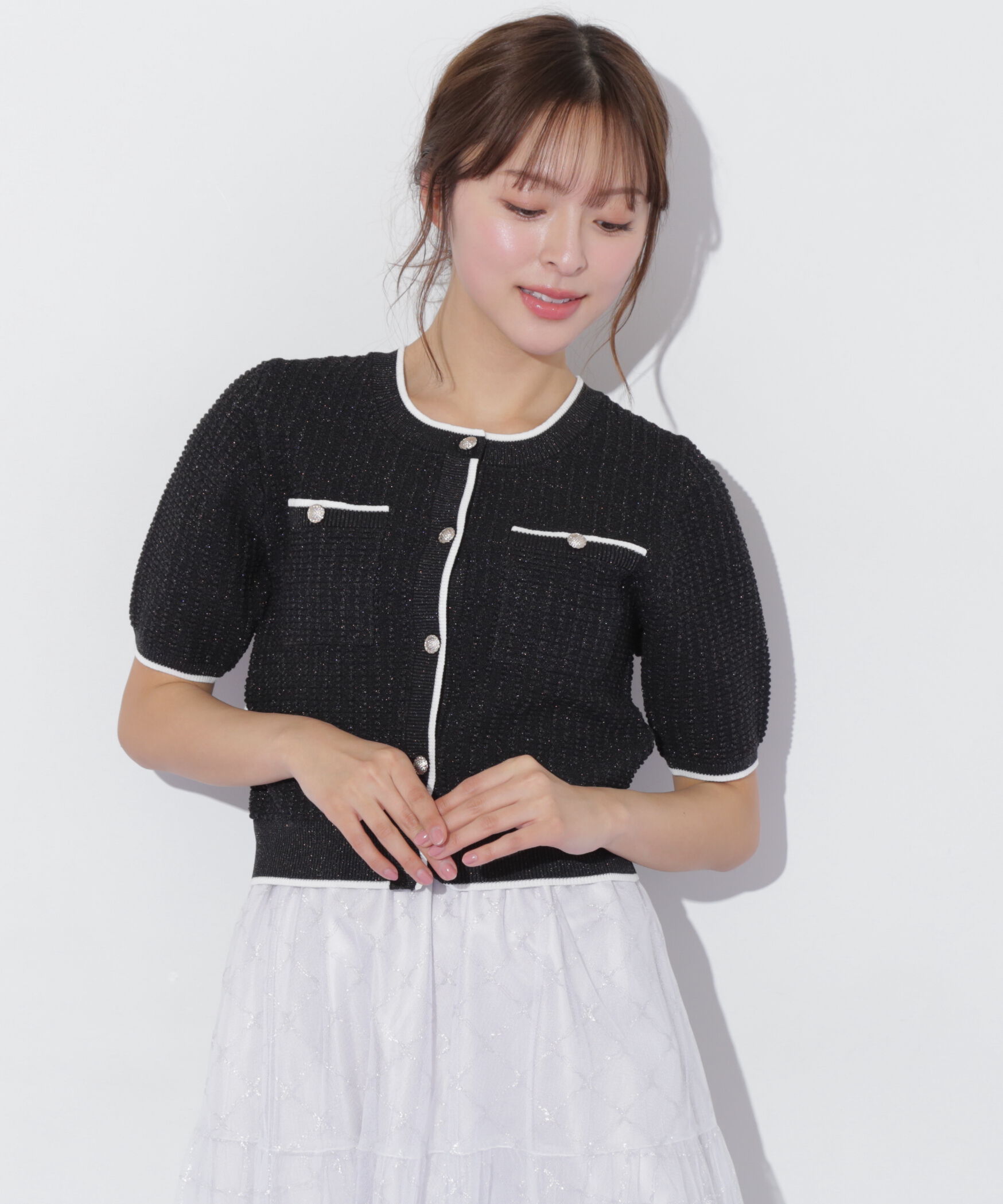  「半袖ツイードニットカーディガン」|ニット・セーター|ラメブラック