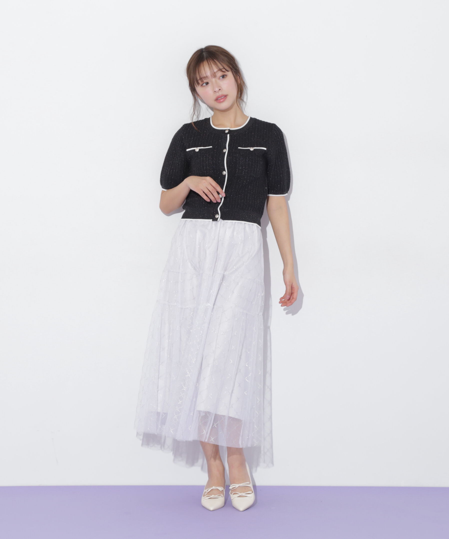  「半袖ツイードニットカーディガン」|ニット・セーター|