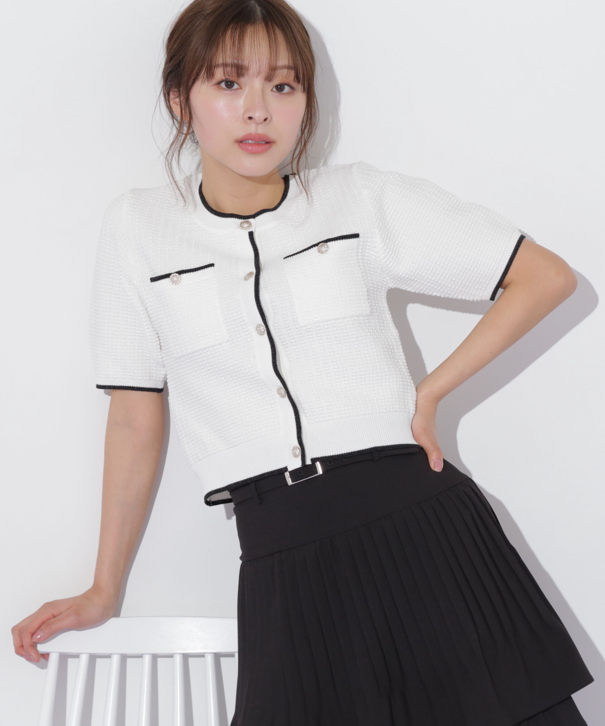  「半袖ツイードニットカーディガン」|ニット・セーター|エクリュ1