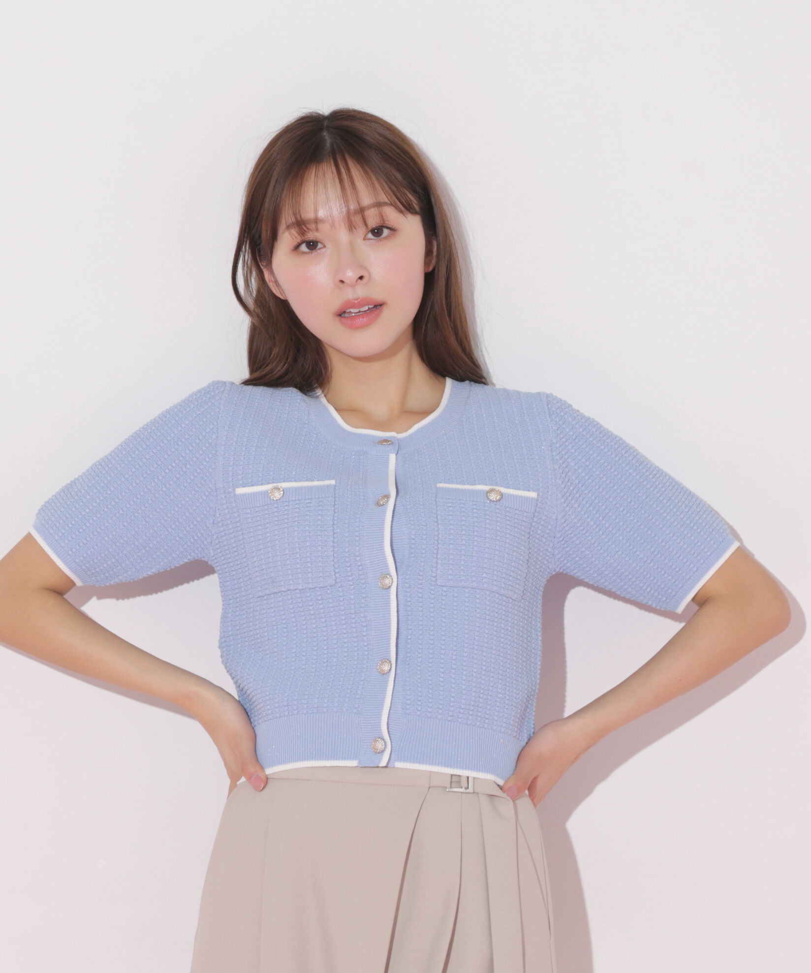  「半袖ツイードニットカーディガン」|ニット・セーター|